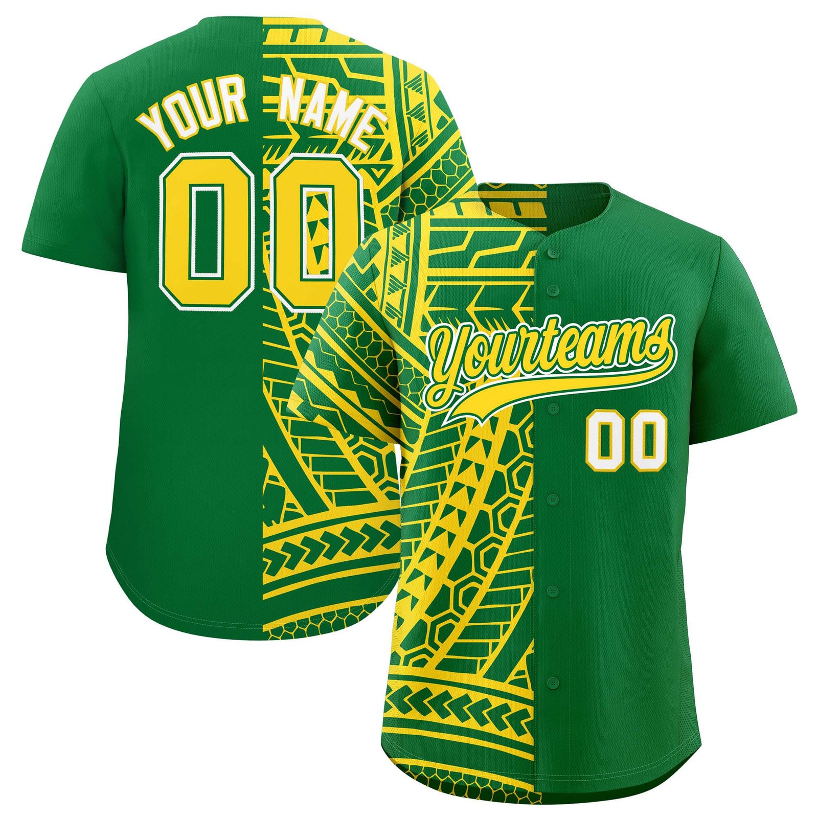 Custom Kelly Green Gold Split Fashion Tribal Pattern Authentic Baseball Jersey