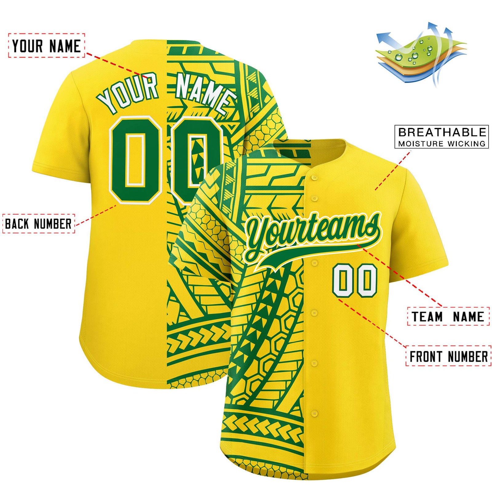 Custom Gold Kelly Green Split Fashion Tribal Pattern Authentic Baseball Jersey