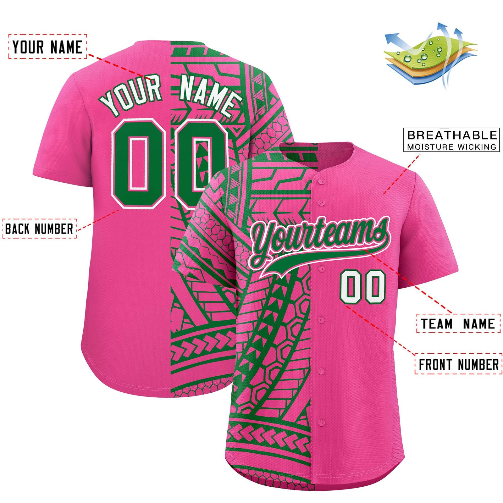 Custom Pink Kelly Green Split Fashion Tribal Pattern Authentic Baseball Jersey