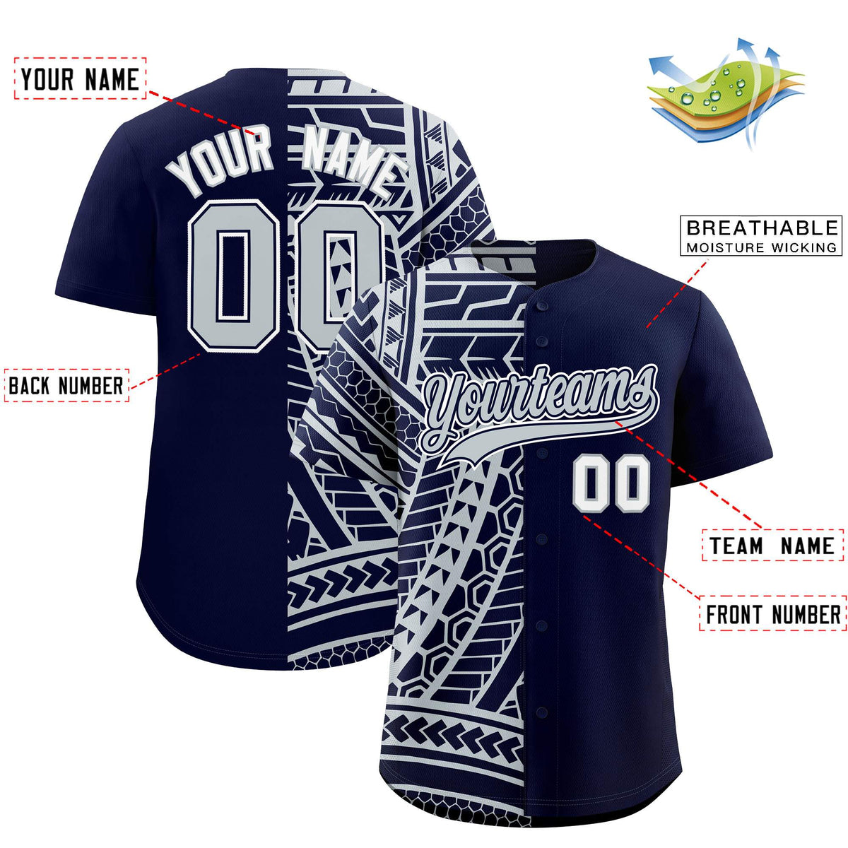 Custom Navy Silver Split Fashion Tribal Pattern Authentic Baseball Jersey