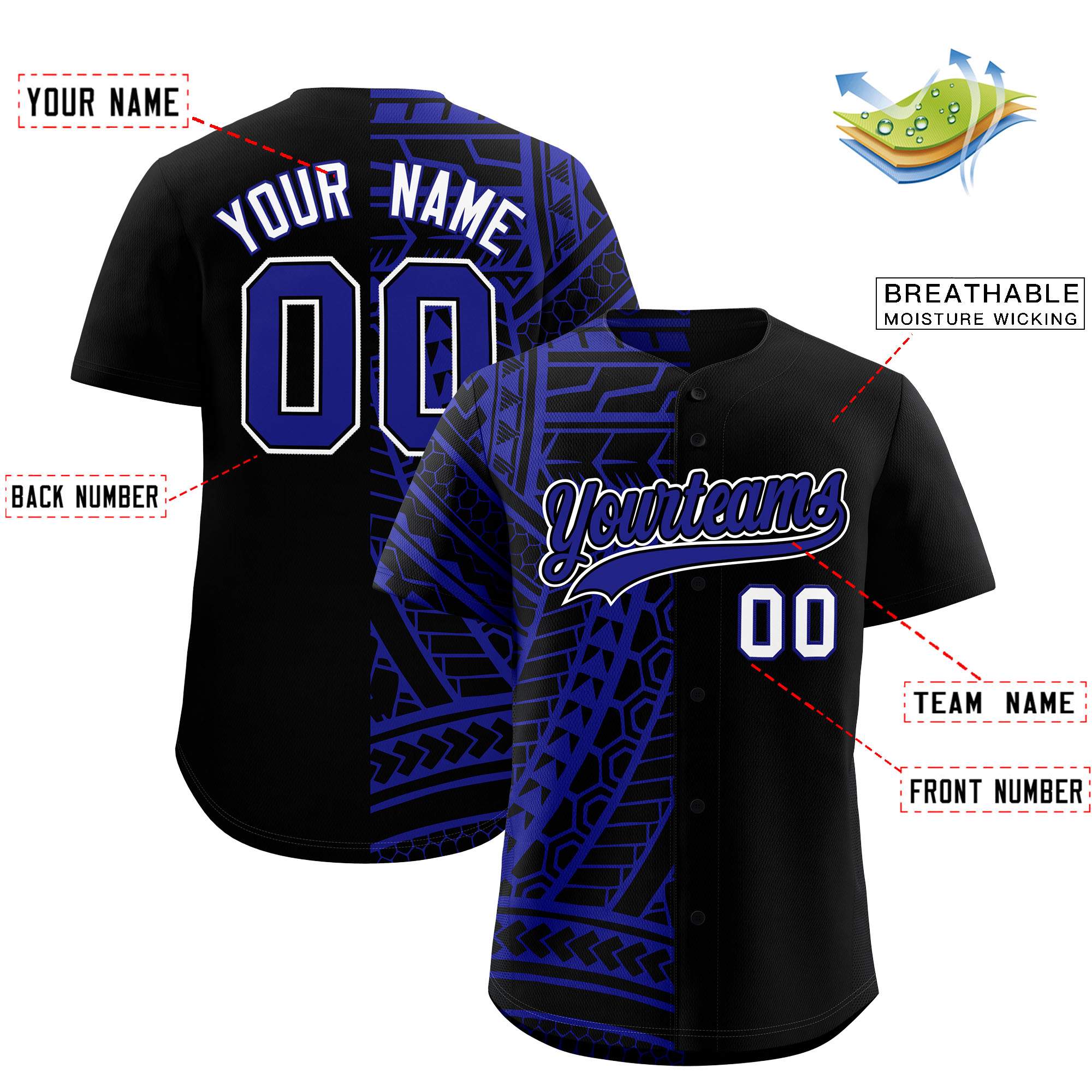 Custom Black Royal Split Fashion Tribal Pattern Authentic Baseball Jersey