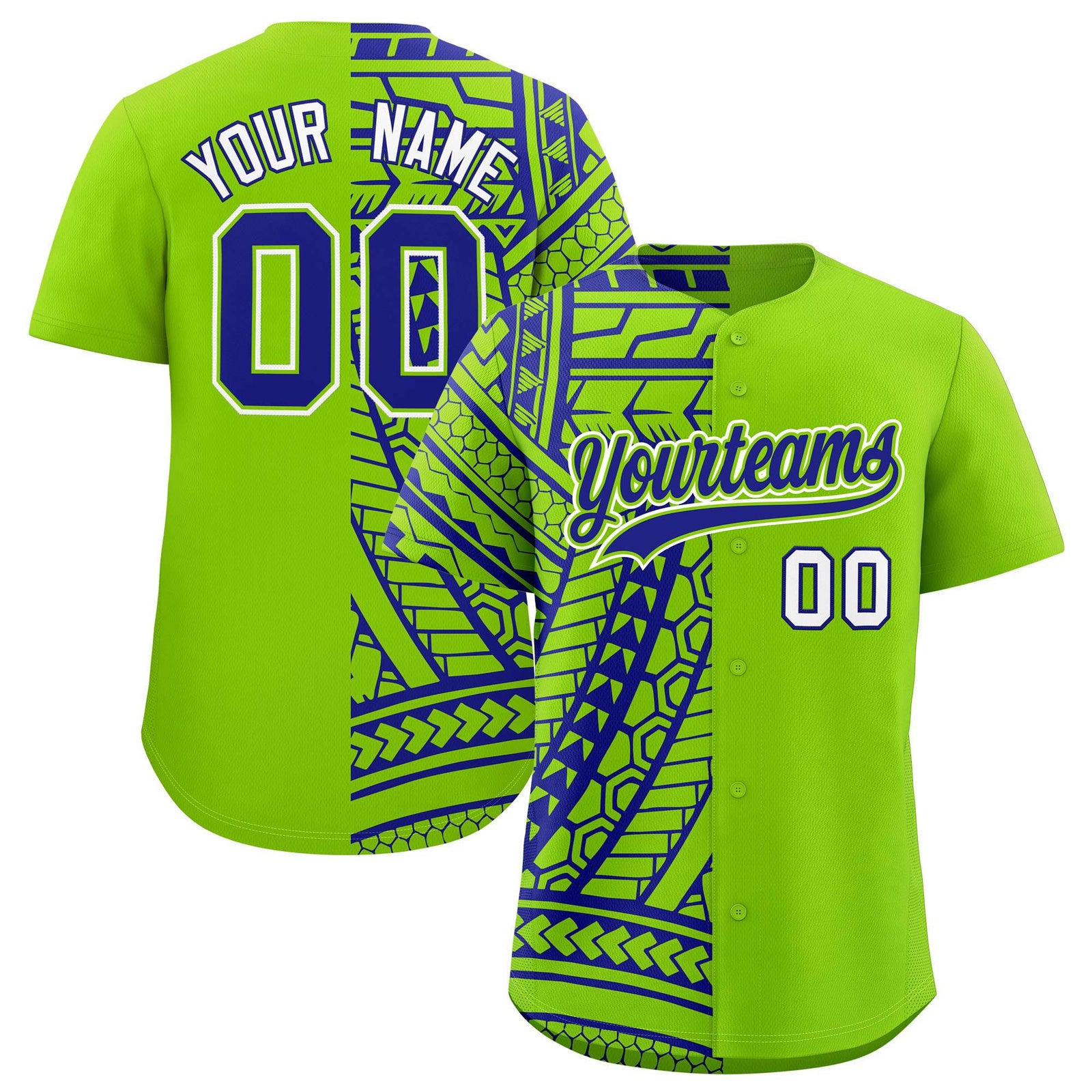 Custom Neon Green Royal Split Fashion Tribal Pattern Authentic Baseball Jersey