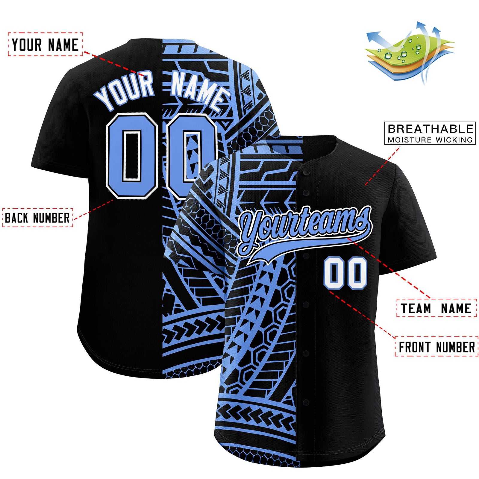 Custom Black Light Blue Split Fashion Tribal Pattern Authentic Baseball Jersey
