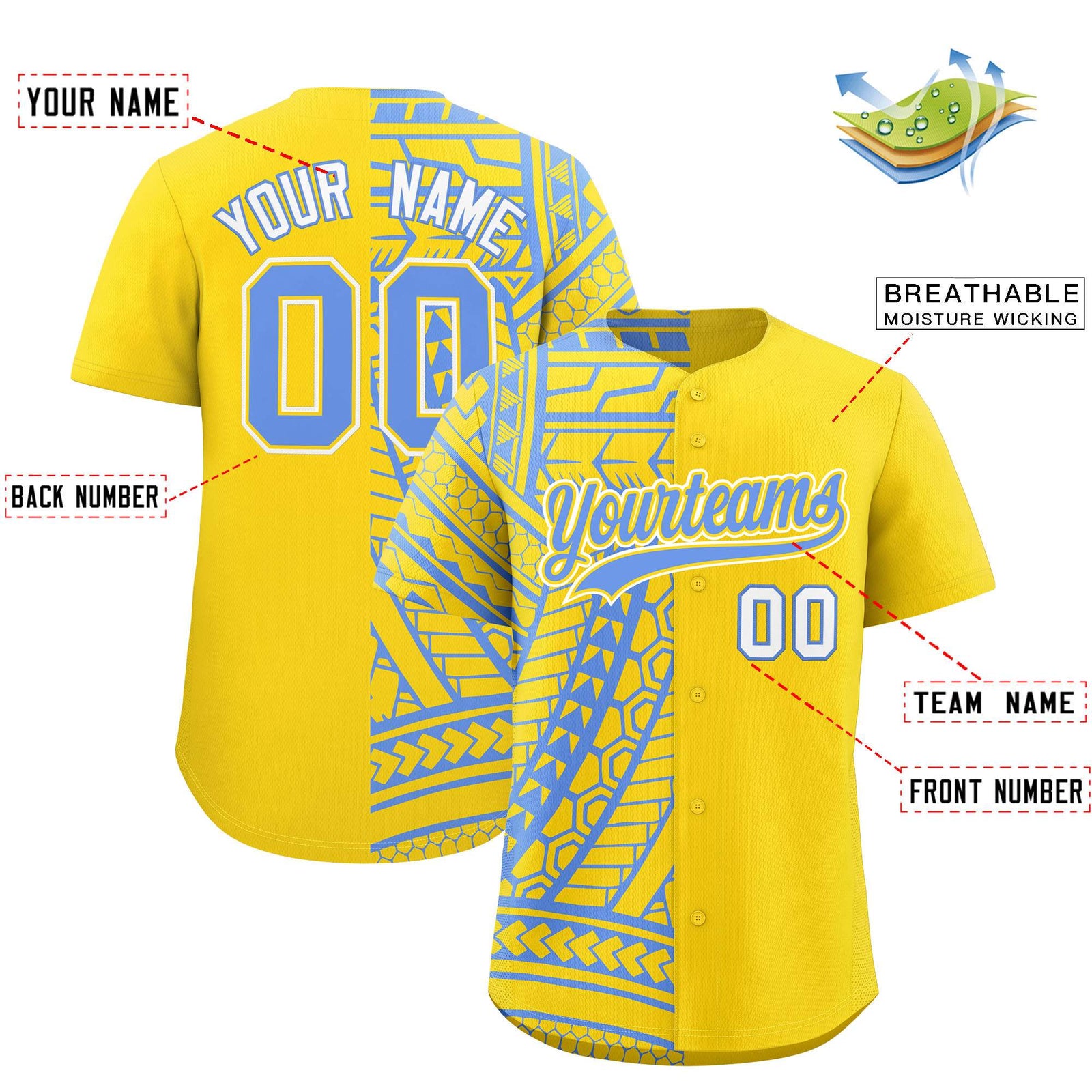 Custom Light Blue Gold Split Fashion Tribal Pattern Authentic Baseball Jersey
