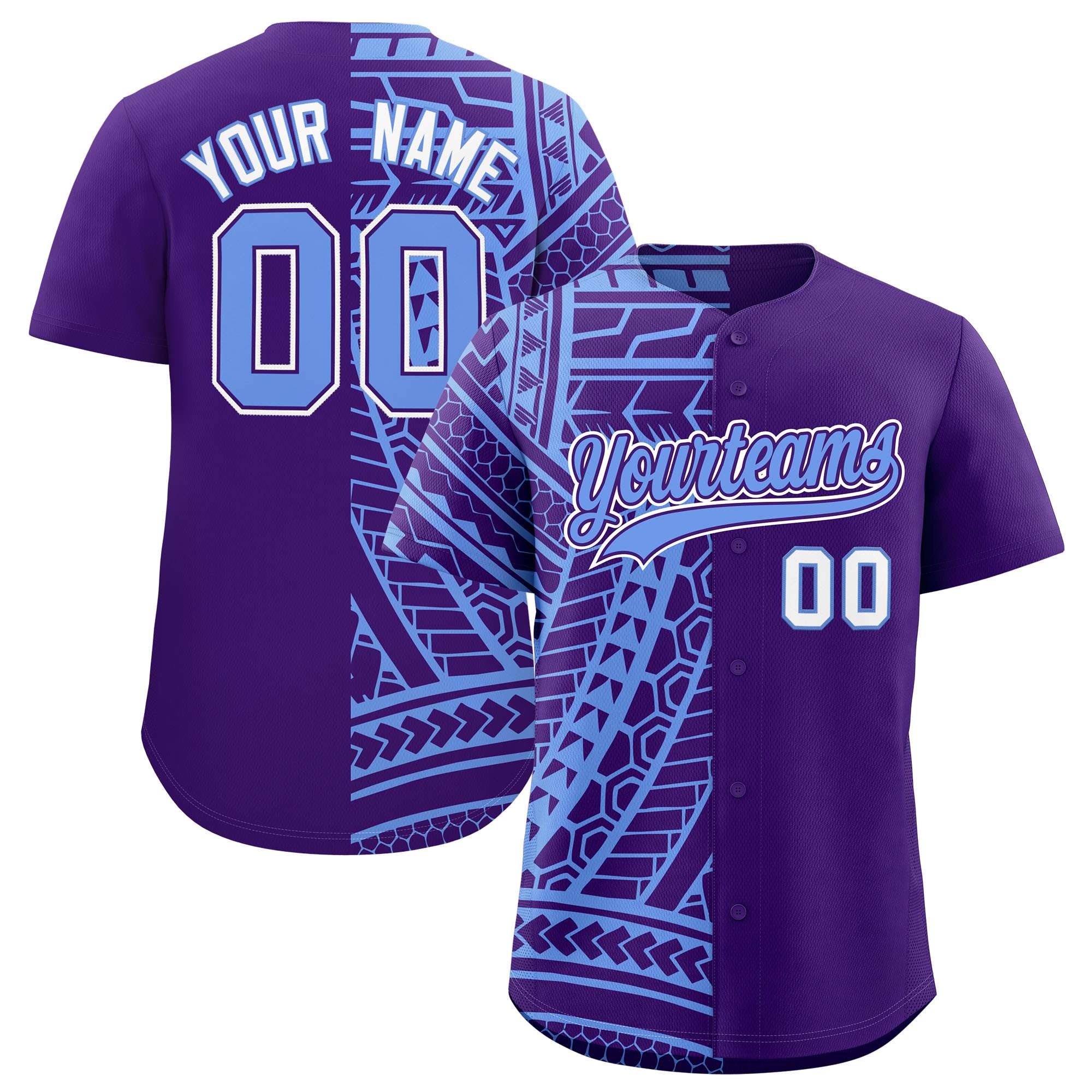 Custom Light Blue Purple Split Fashion Tribal Pattern Authentic Baseball Jersey