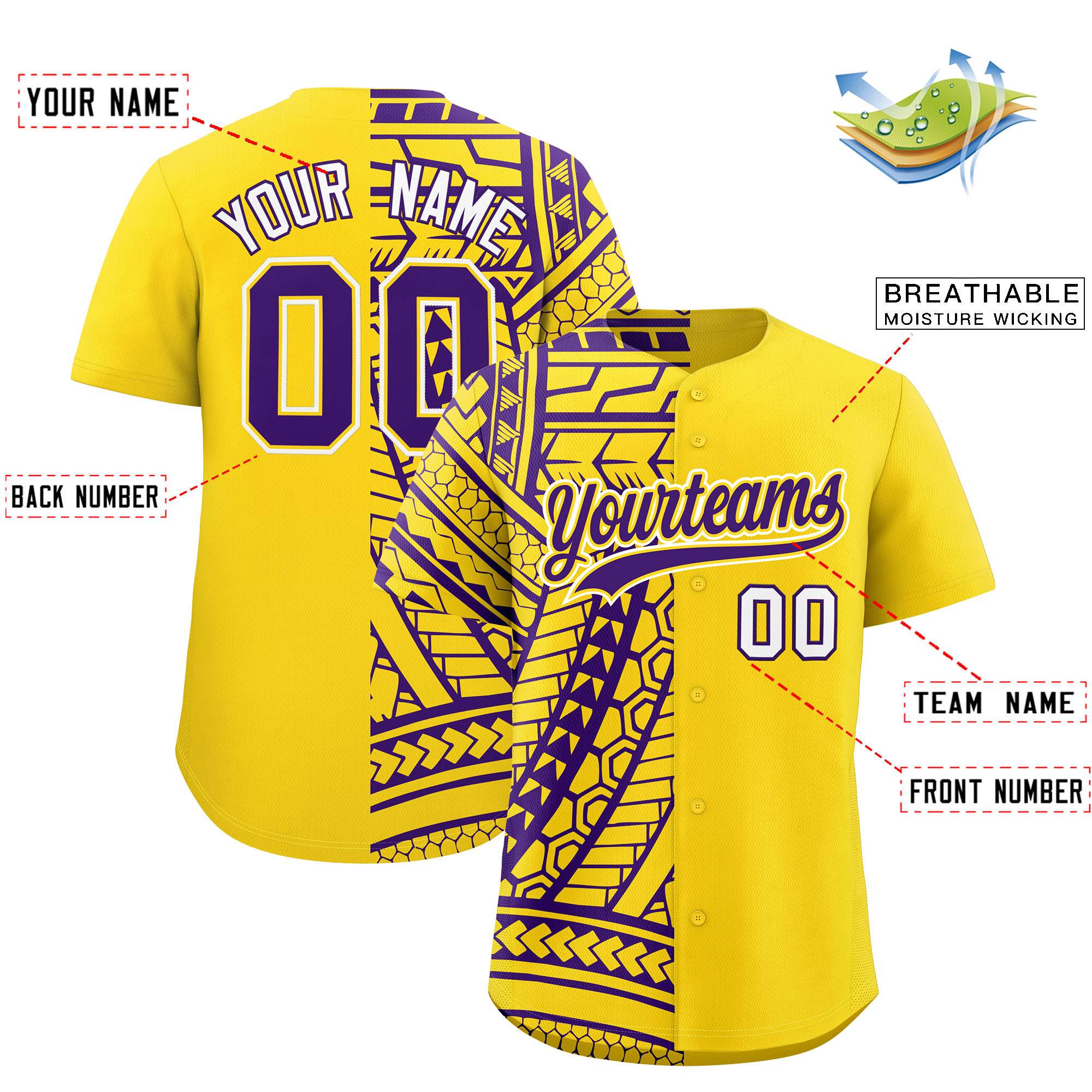 Custom Gold Purple Split Fashion Tribal Pattern Authentic Baseball Jersey