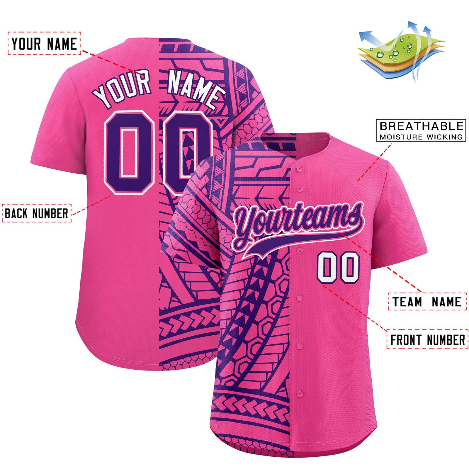 Custom Pink Purple Split Fashion Tribal Pattern Authentic Baseball Jersey