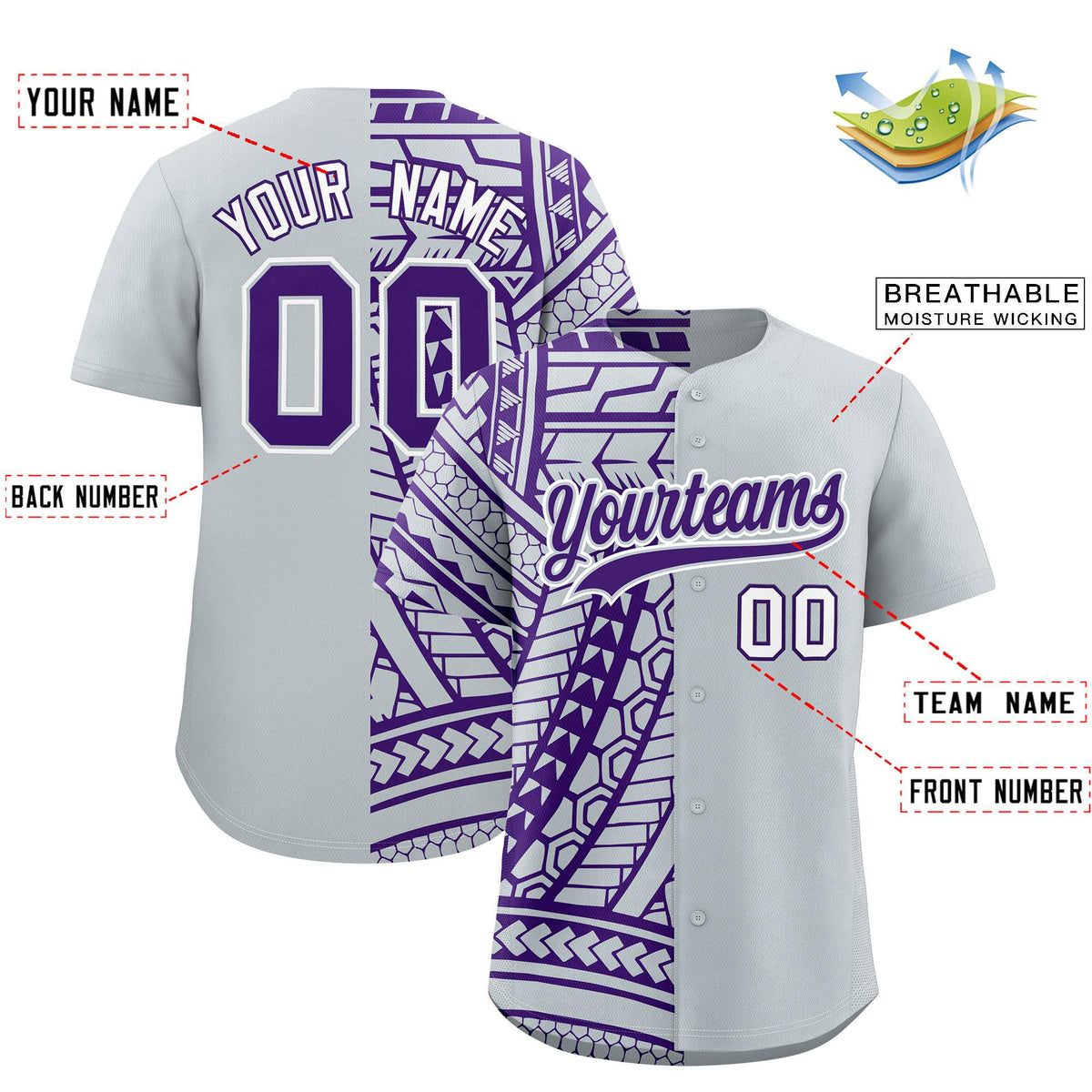 Custom Silver Purple Split Fashion Tribal Pattern Authentic Baseball Jersey