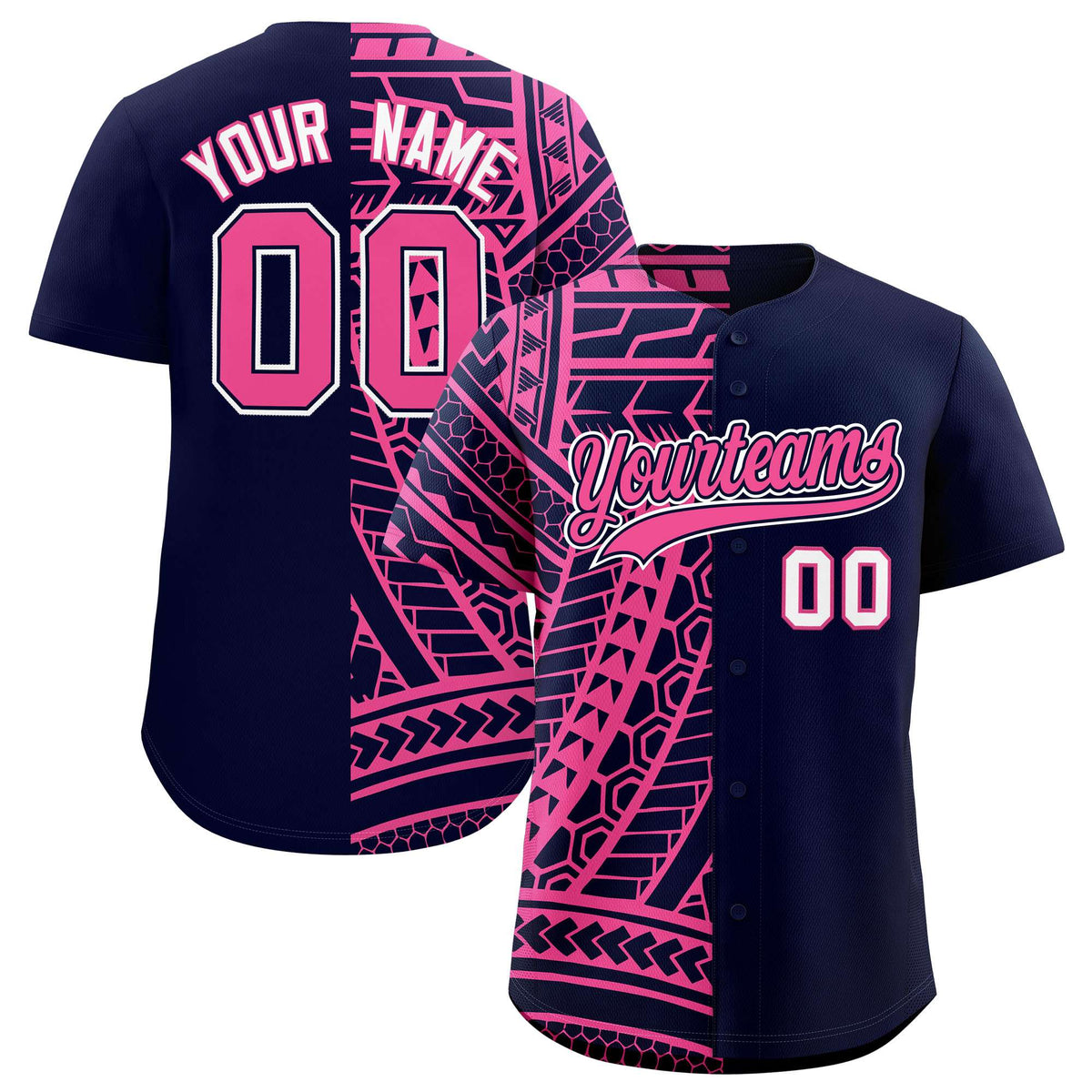Custom Navy Pink Split Fashion Tribal Pattern Authentic Baseball Jersey