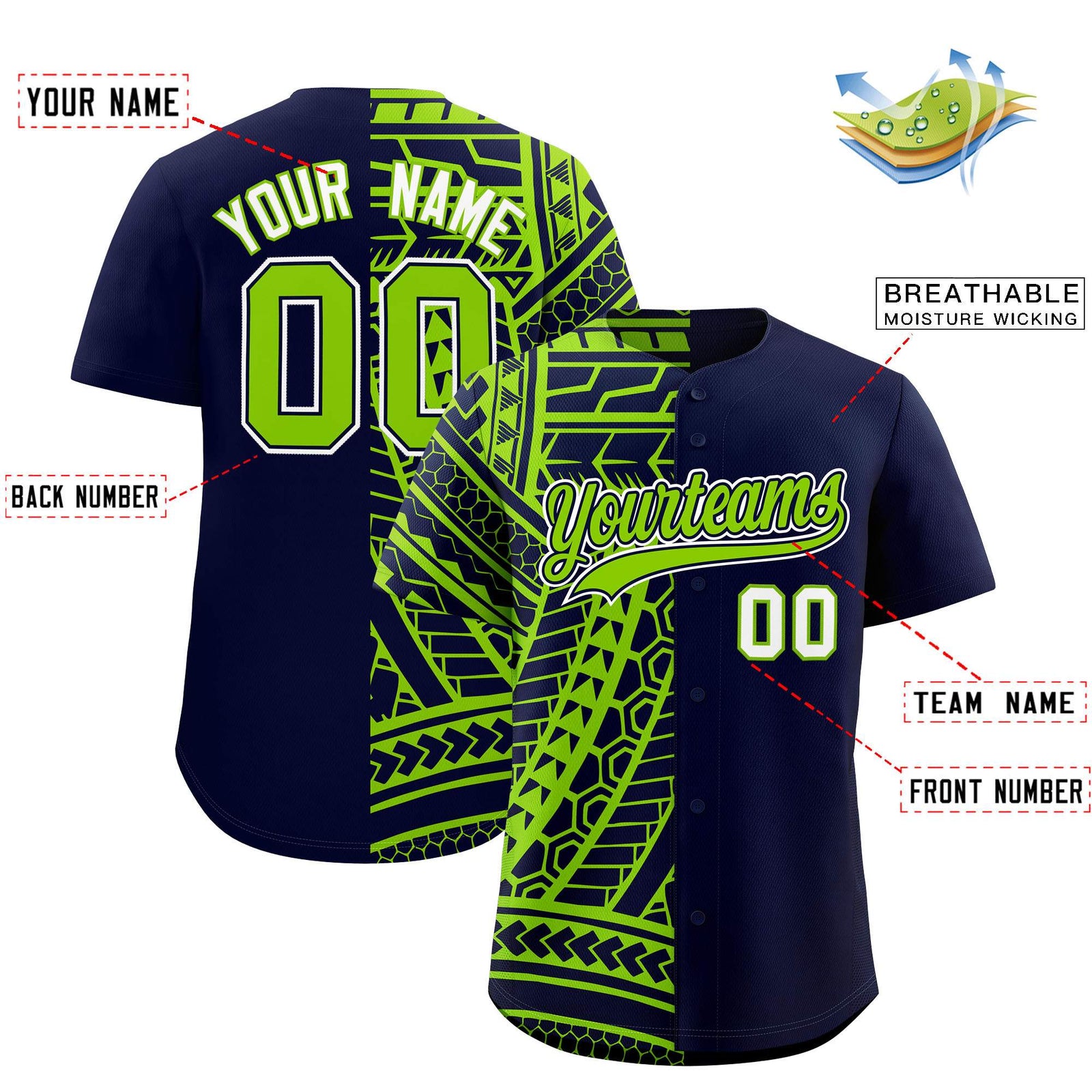 Custom Navy Neon Green Split Fashion Tribal Pattern Authentic Baseball Jersey