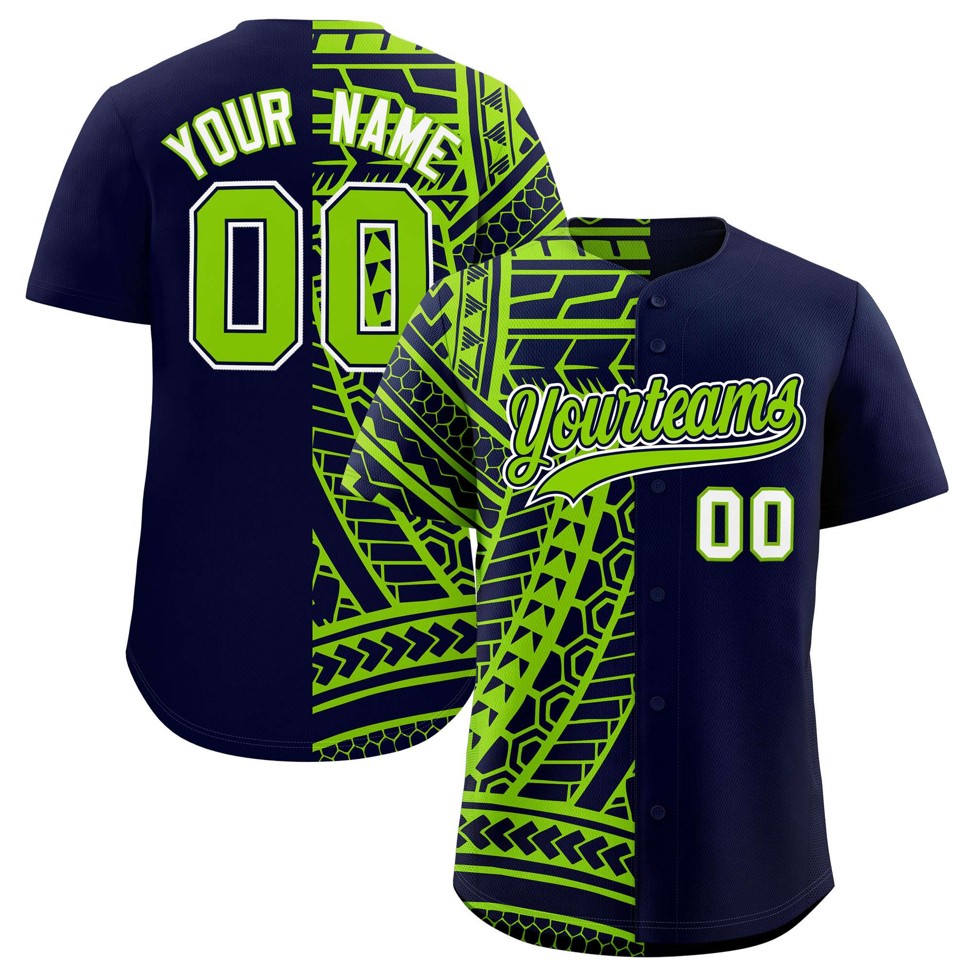 Custom Navy Neon Green Split Fashion Tribal Pattern Authentic Baseball Jersey