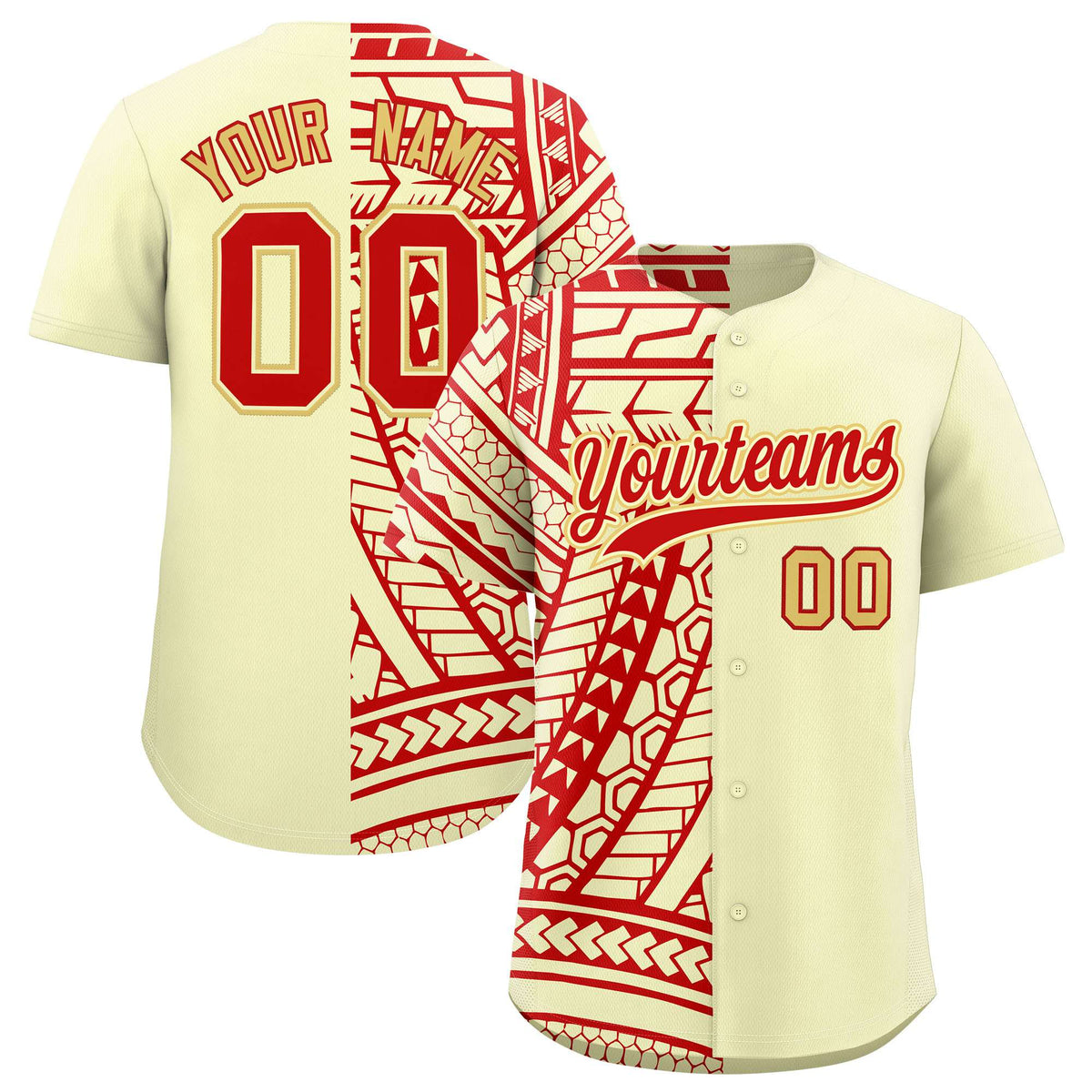 Custom Cream Red Split Fashion Tribal Pattern Authentic Baseball Jersey