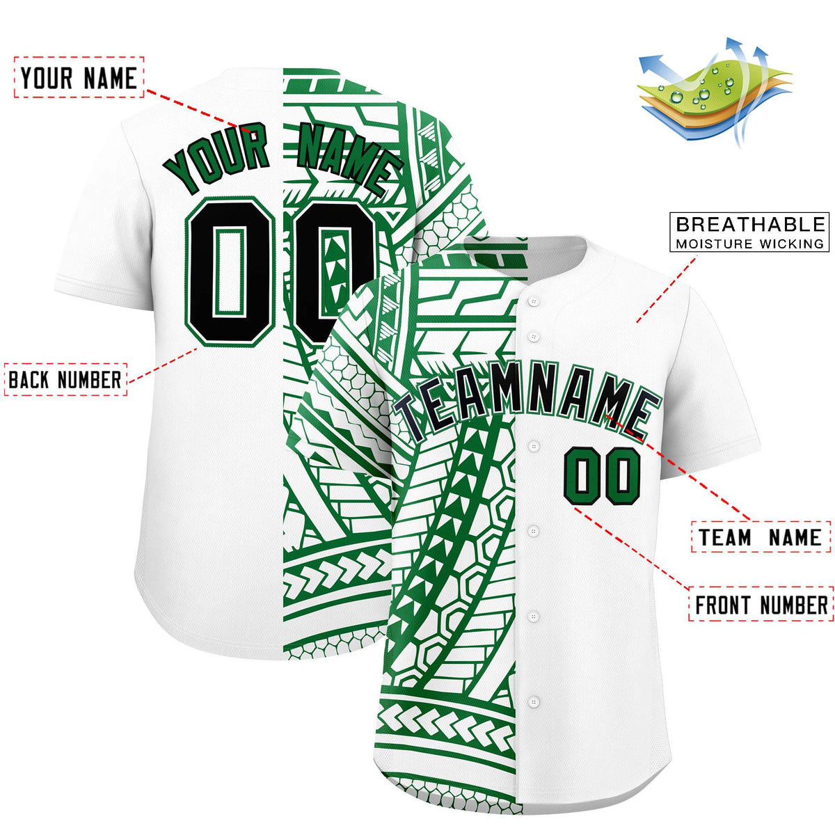 Custom White Kelly Green Split Fashion Tribal Pattern Authentic Baseball Jersey
