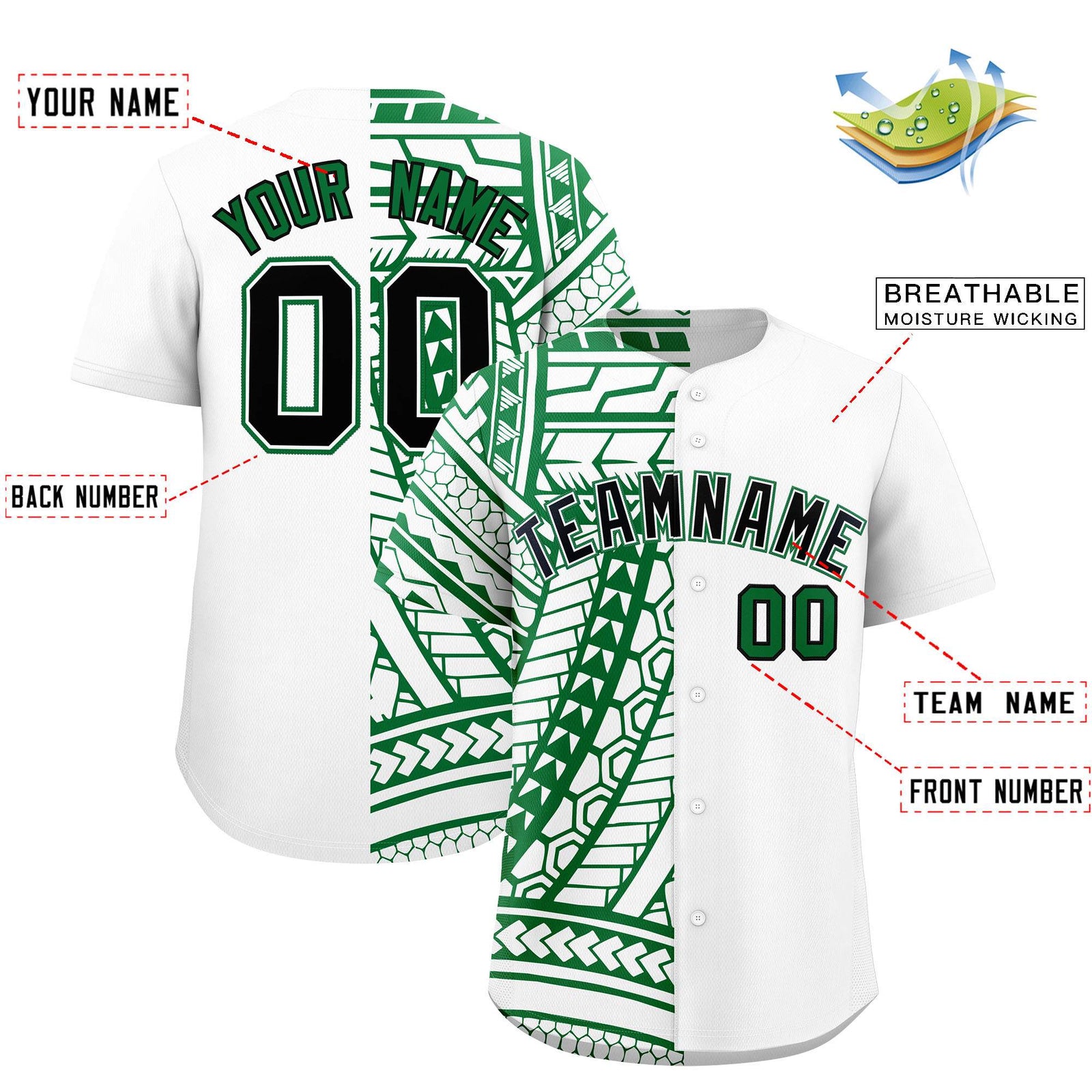 Custom White Kelly Green Split Fashion Tribal Pattern Authentic Baseball Jersey