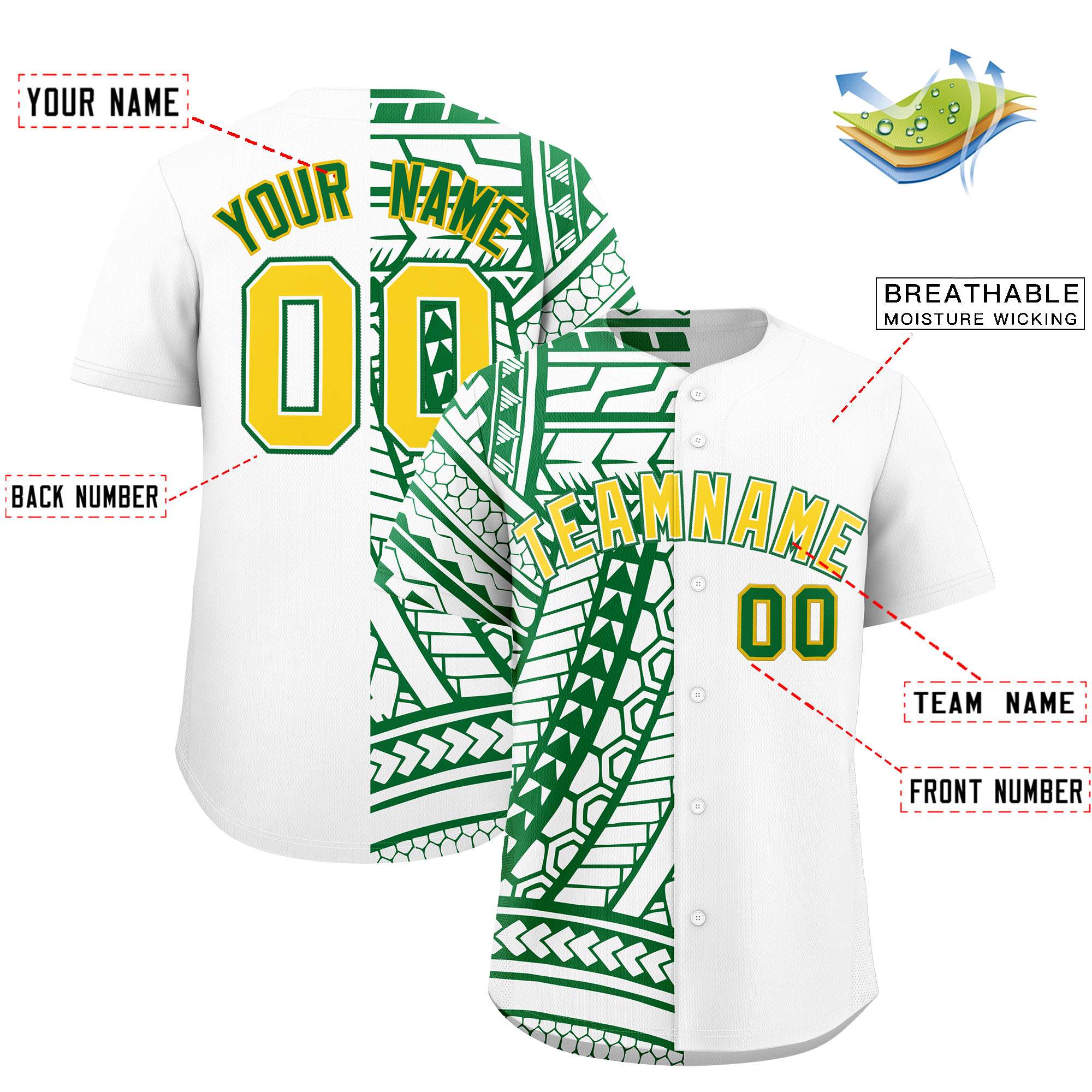 Custom White Kelly Green Split Fashion Tribal Pattern Authentic Baseball Jersey