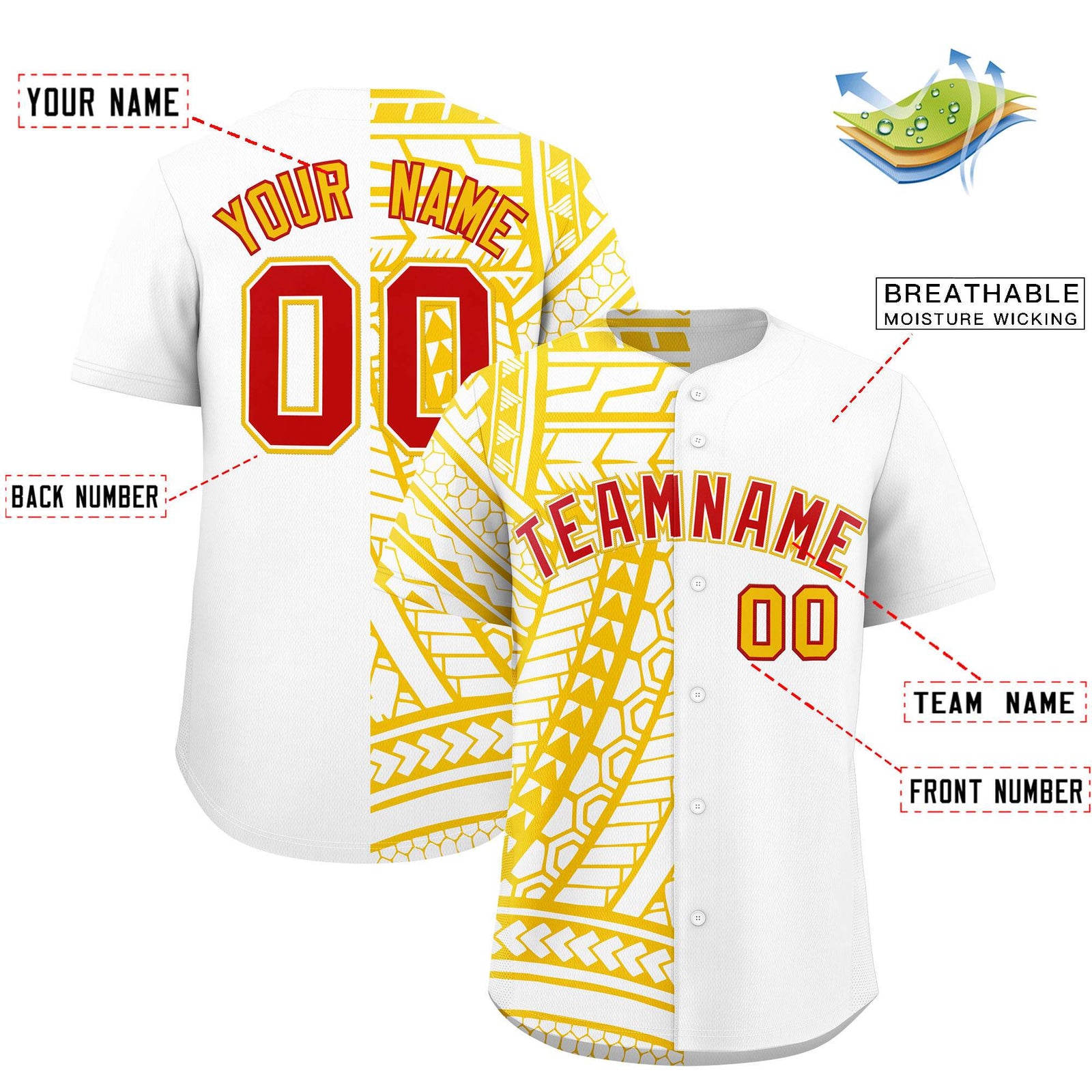 Custom White Yellow Split Fashion Tribal Pattern Authentic Baseball Jersey