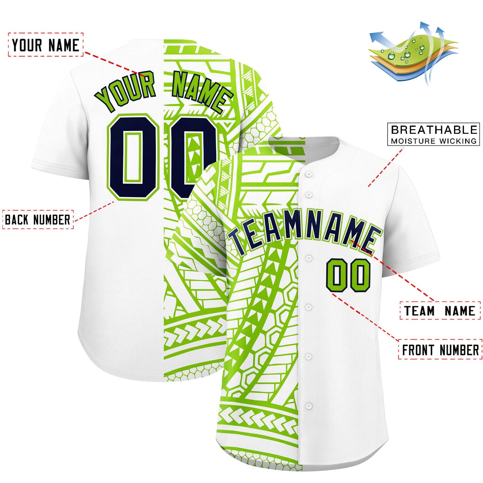 Custom White Neon Green Split Fashion Tribal Pattern Authentic Baseball Jersey