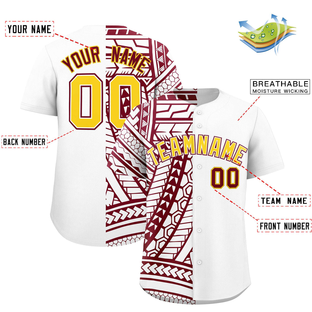 Custom White Crimson Split Fashion Tribal Pattern Authentic Baseball Jersey