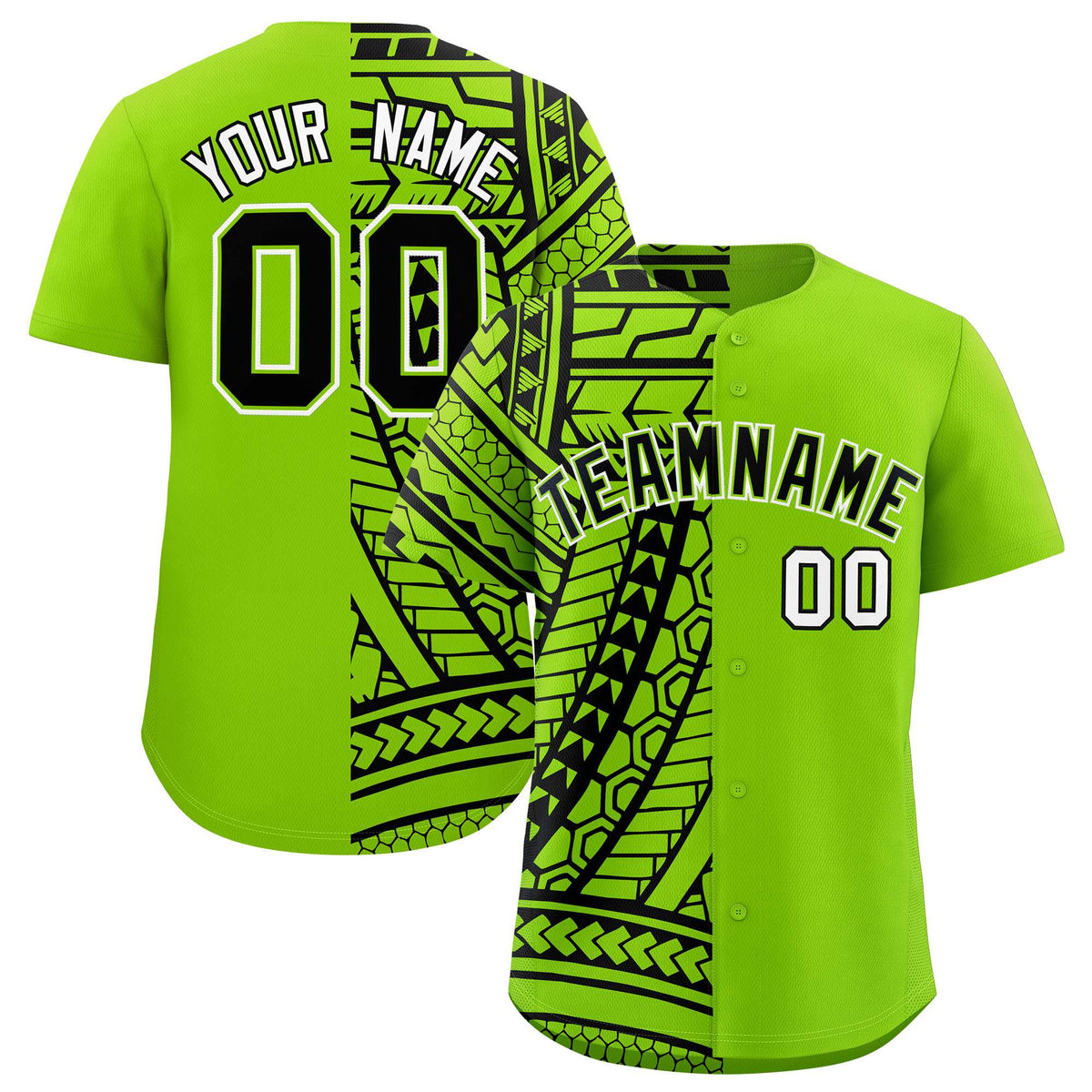 Custom Black Neon Green Split Fashion Tribal Pattern Authentic Baseball Jersey