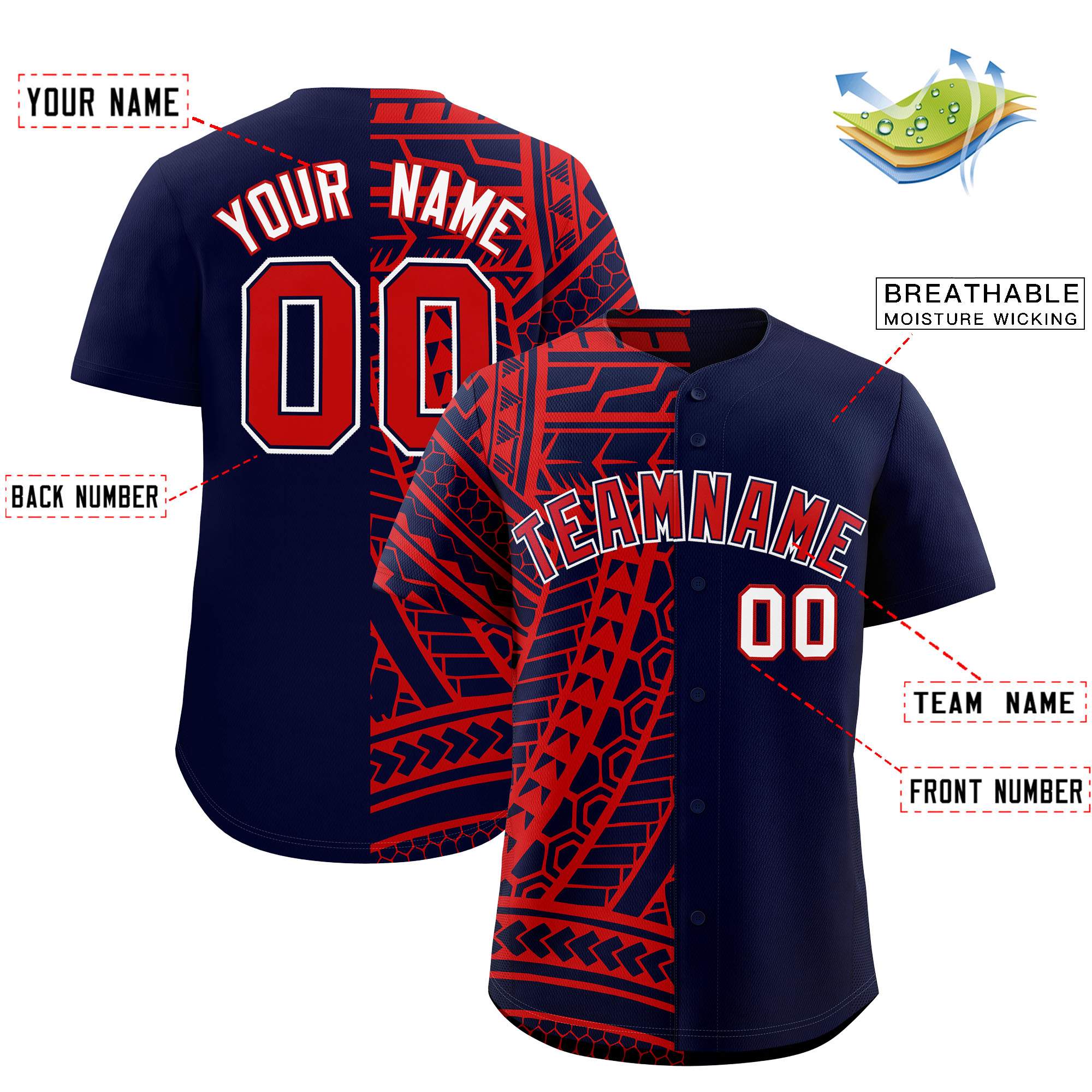 Custom Red Navy Split Fashion Tribal Pattern Authentic Baseball Jersey