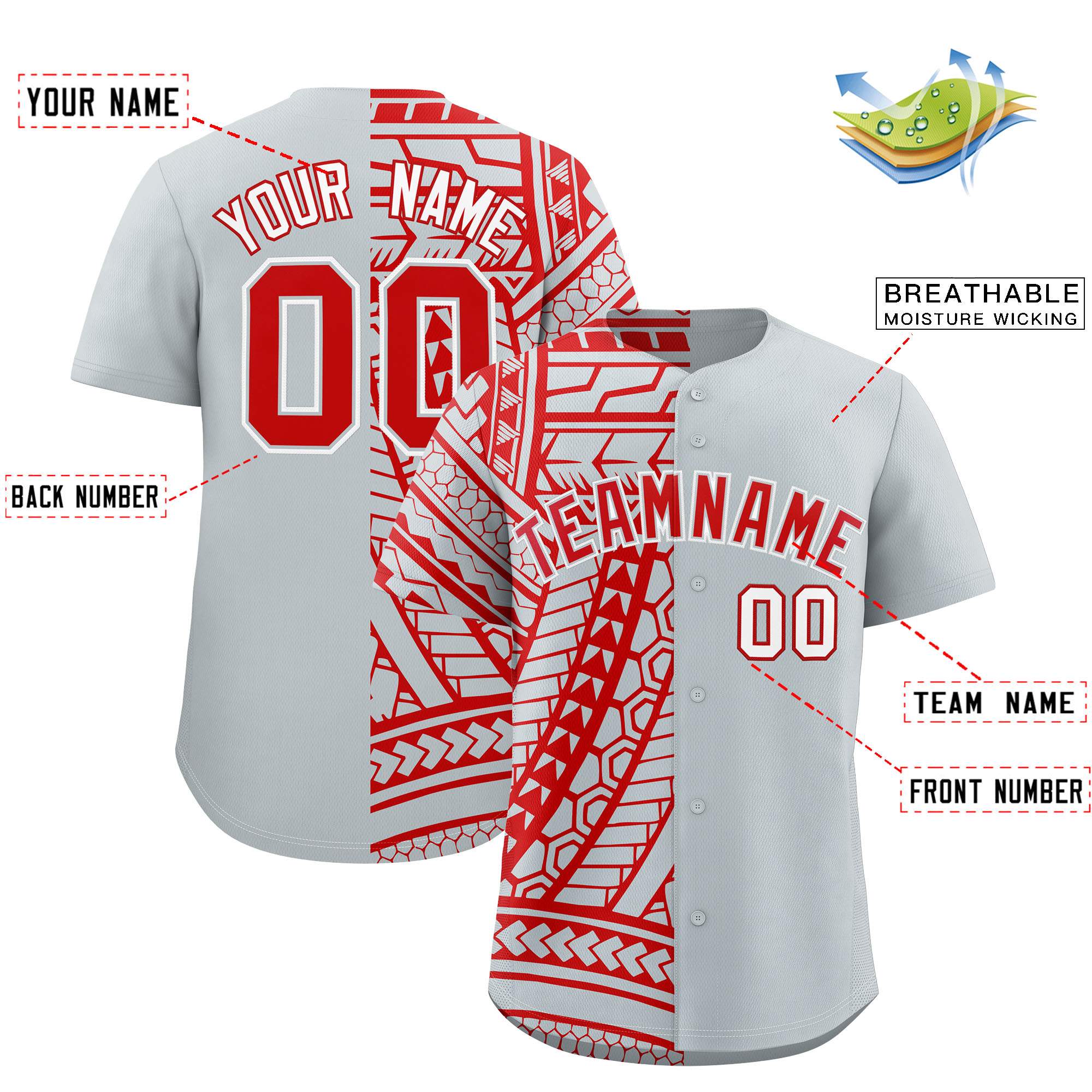 Custom Red Silver Split Fashion Tribal Pattern Authentic Baseball Jersey