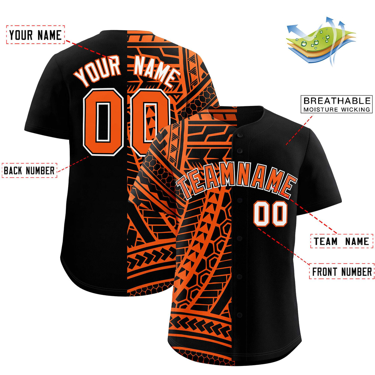 Custom Black Orange Split Fashion Tribal Pattern Authentic Baseball Jersey