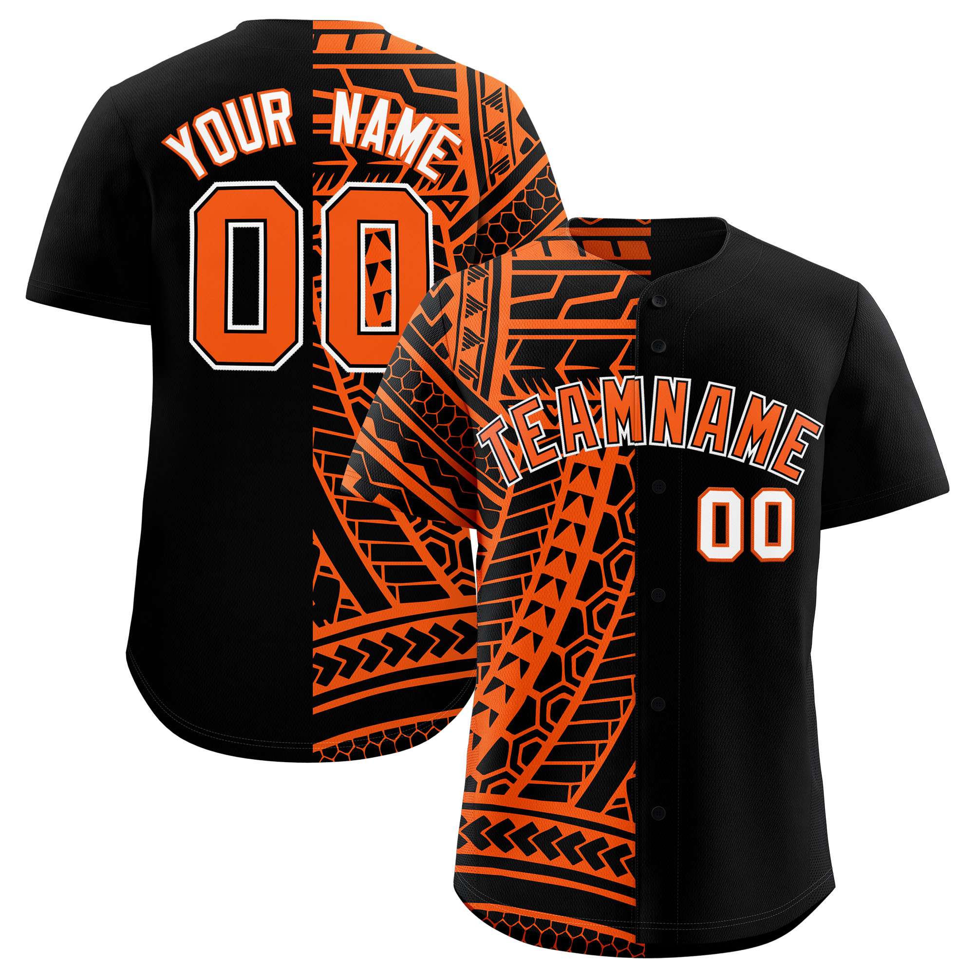 Custom Black Orange Split Fashion Tribal Pattern Authentic Baseball Jersey