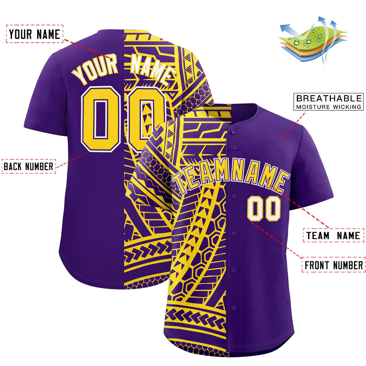 Custom Purple Gold Split Fashion Tribal Pattern Authentic Baseball Jersey