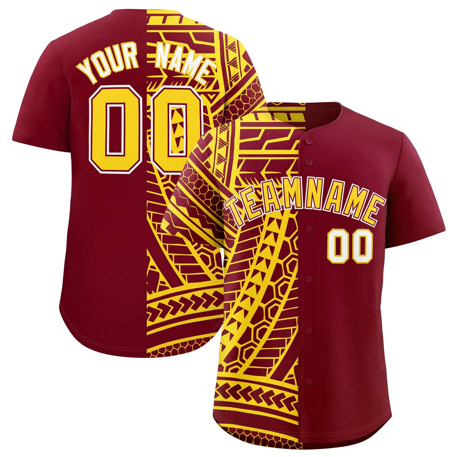 Custom Crimson Gold Split Fashion Tribal Pattern Authentic Baseball Jersey