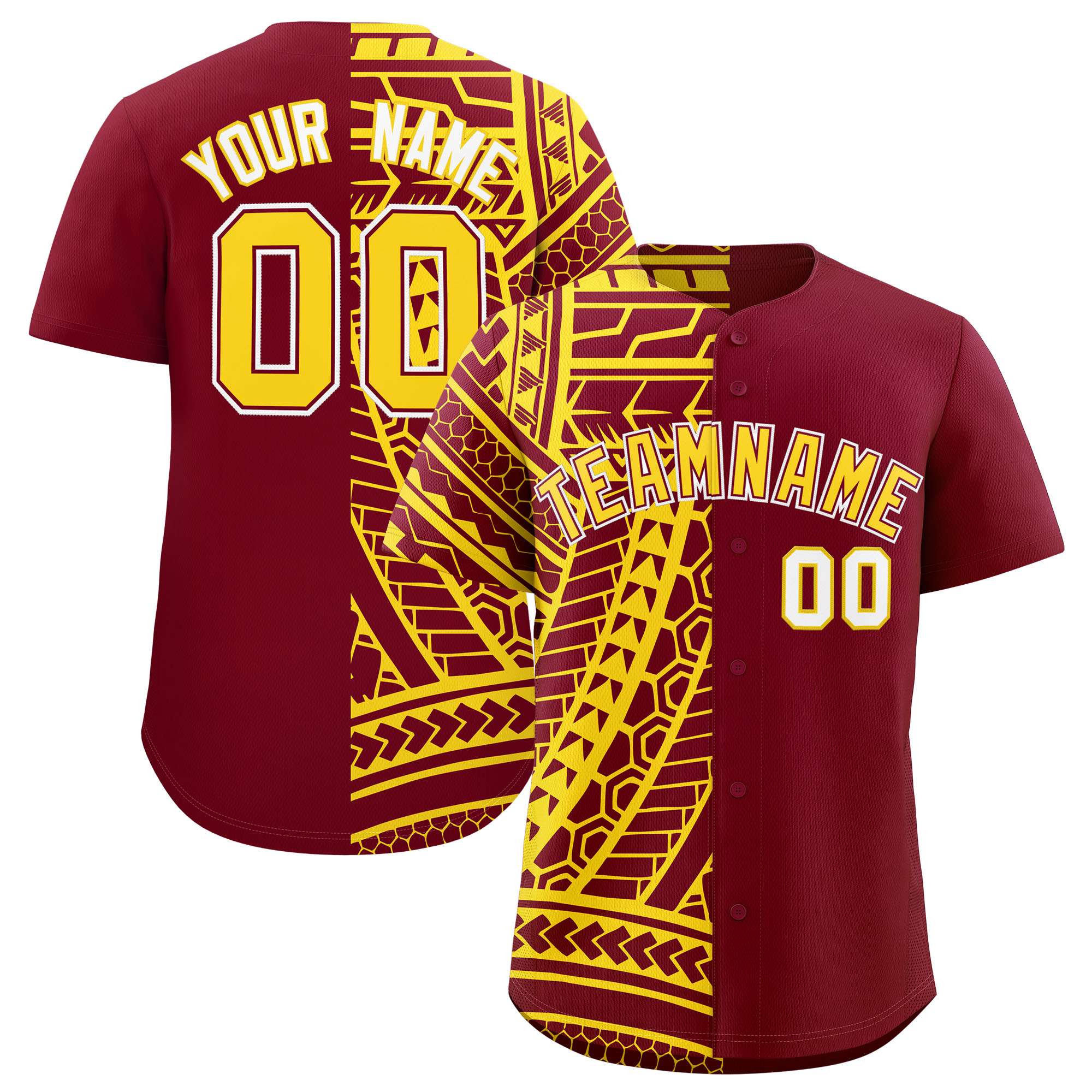 Custom Crimson Gold Split Fashion Tribal Pattern Authentic Baseball Jersey