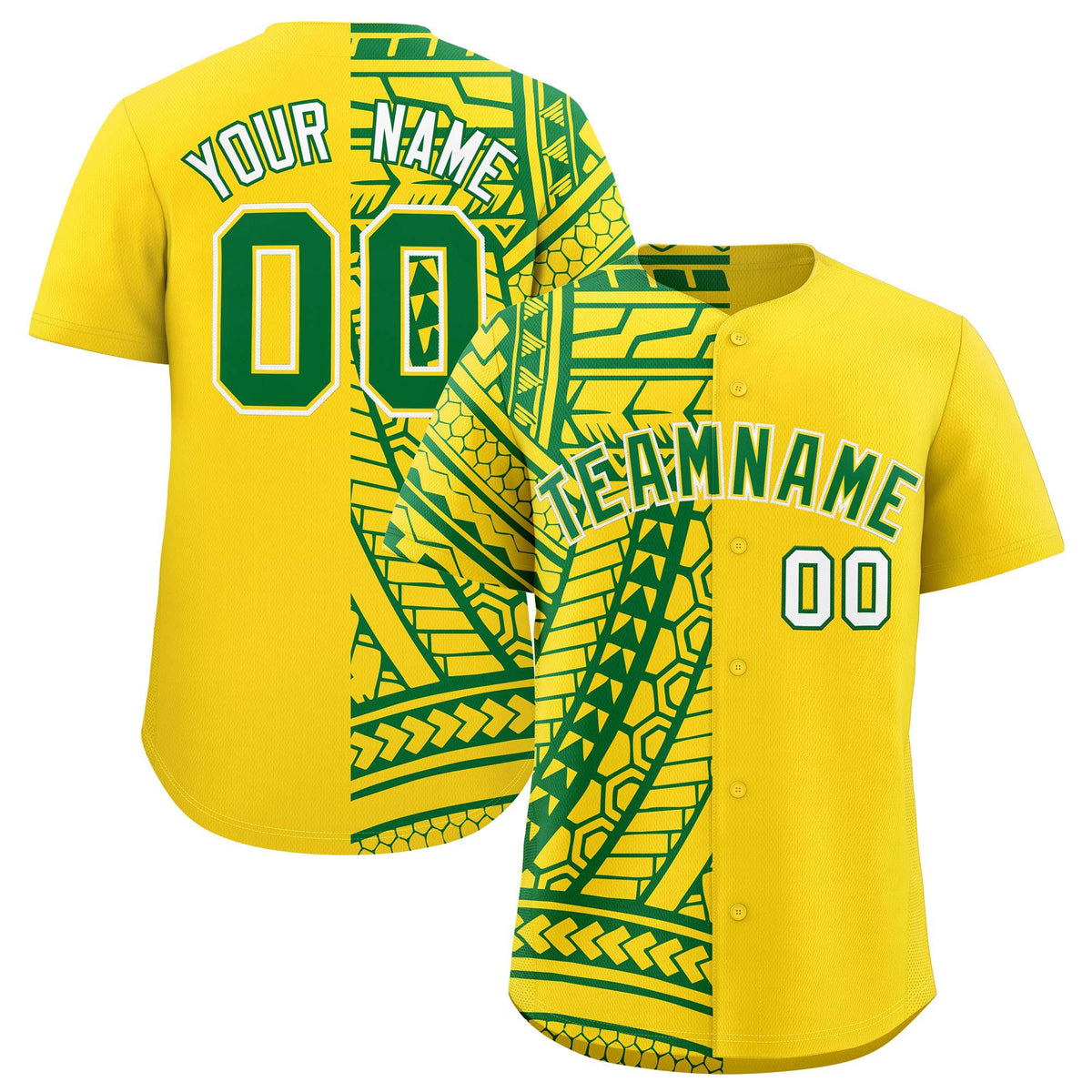 Custom Gold Kelly Green Split Fashion Tribal Pattern Authentic Baseball Jersey