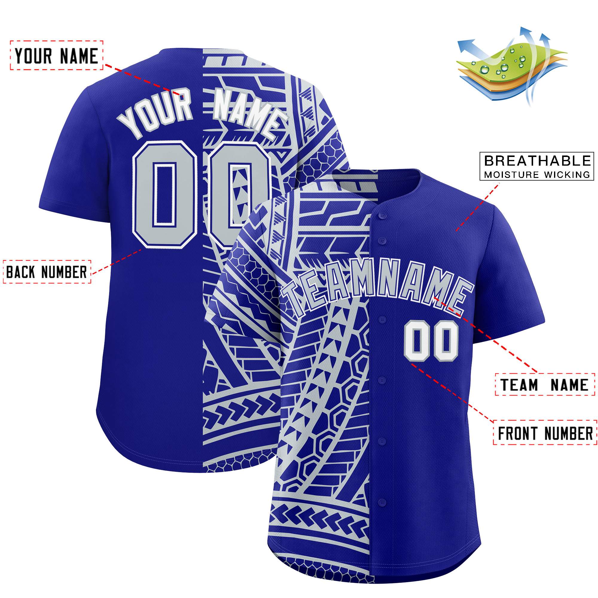 Custom Royal Silver Split Fashion Tribal Pattern Authentic Baseball Jersey
