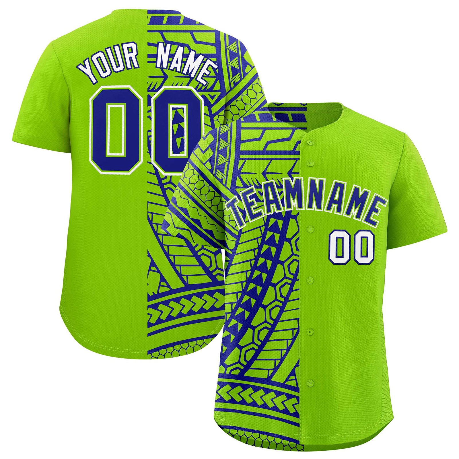 Custom Neon Green Royal Split Fashion Tribal Pattern Authentic Baseball Jersey