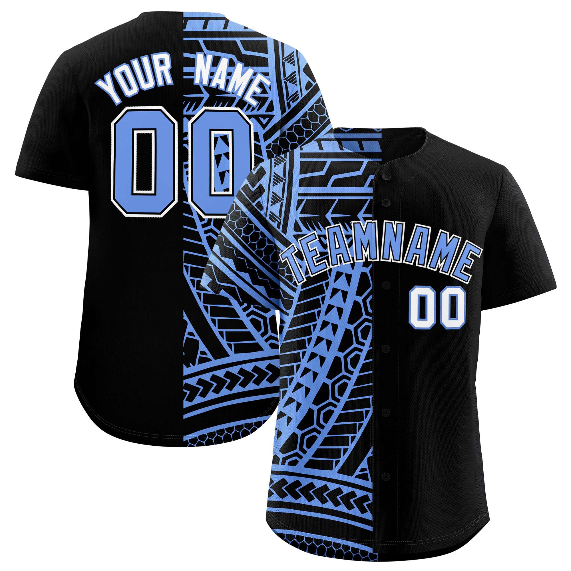 Custom Black Light Blue Split Fashion Tribal Pattern Authentic Baseball Jersey