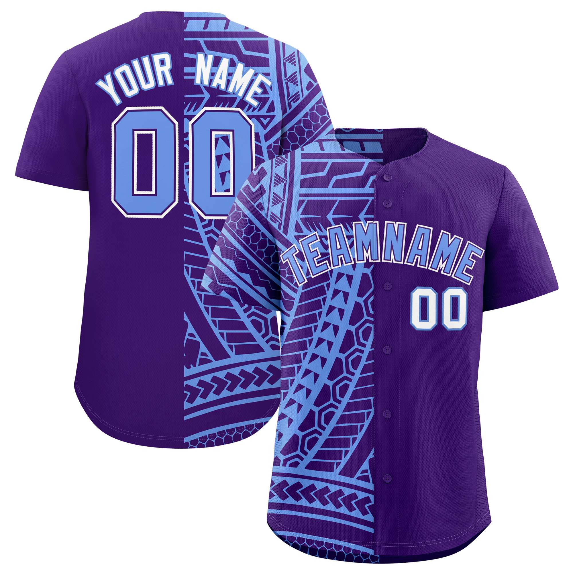 Custom Light Blue Purple Split Fashion Tribal Pattern Authentic Baseball Jersey