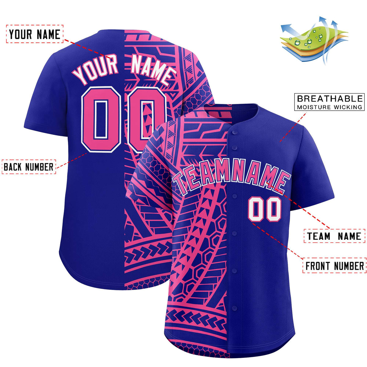 Custom Royal Pink Split Fashion Tribal Pattern Authentic Baseball Jersey