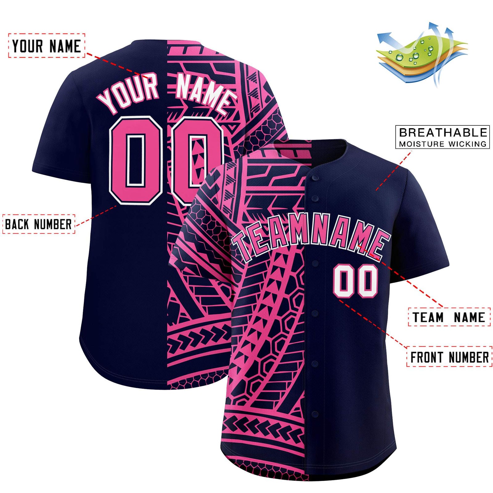 Custom Navy Pink Split Fashion Tribal Pattern Authentic Baseball Jersey