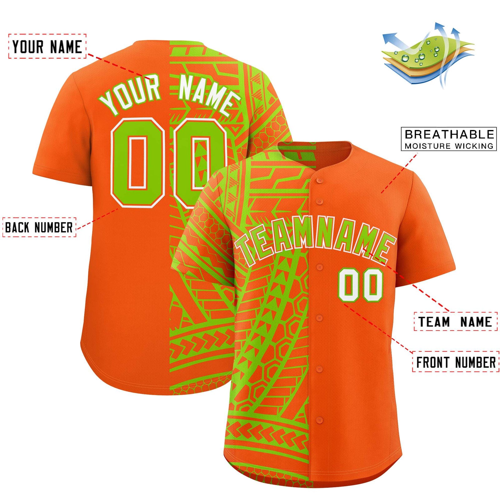 Custom Orange Neon Green Split Fashion Tribal Pattern Authentic Baseball Jersey