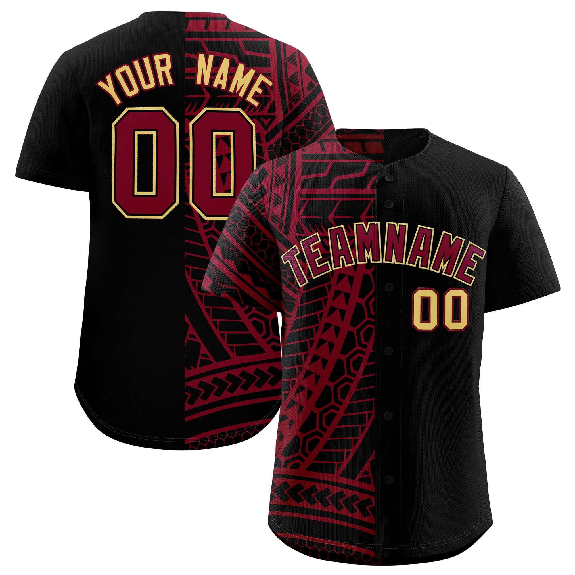 Custom Black Crimson Split Fashion Tribal Pattern Authentic Baseball Jersey
