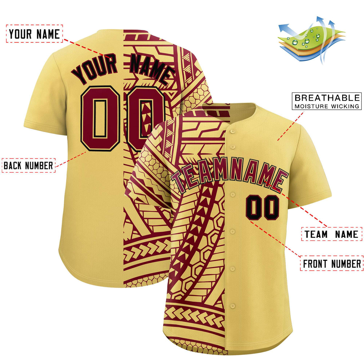 Custom Khaki Crimson Split Fashion Tribal Pattern Authentic Baseball Jersey
