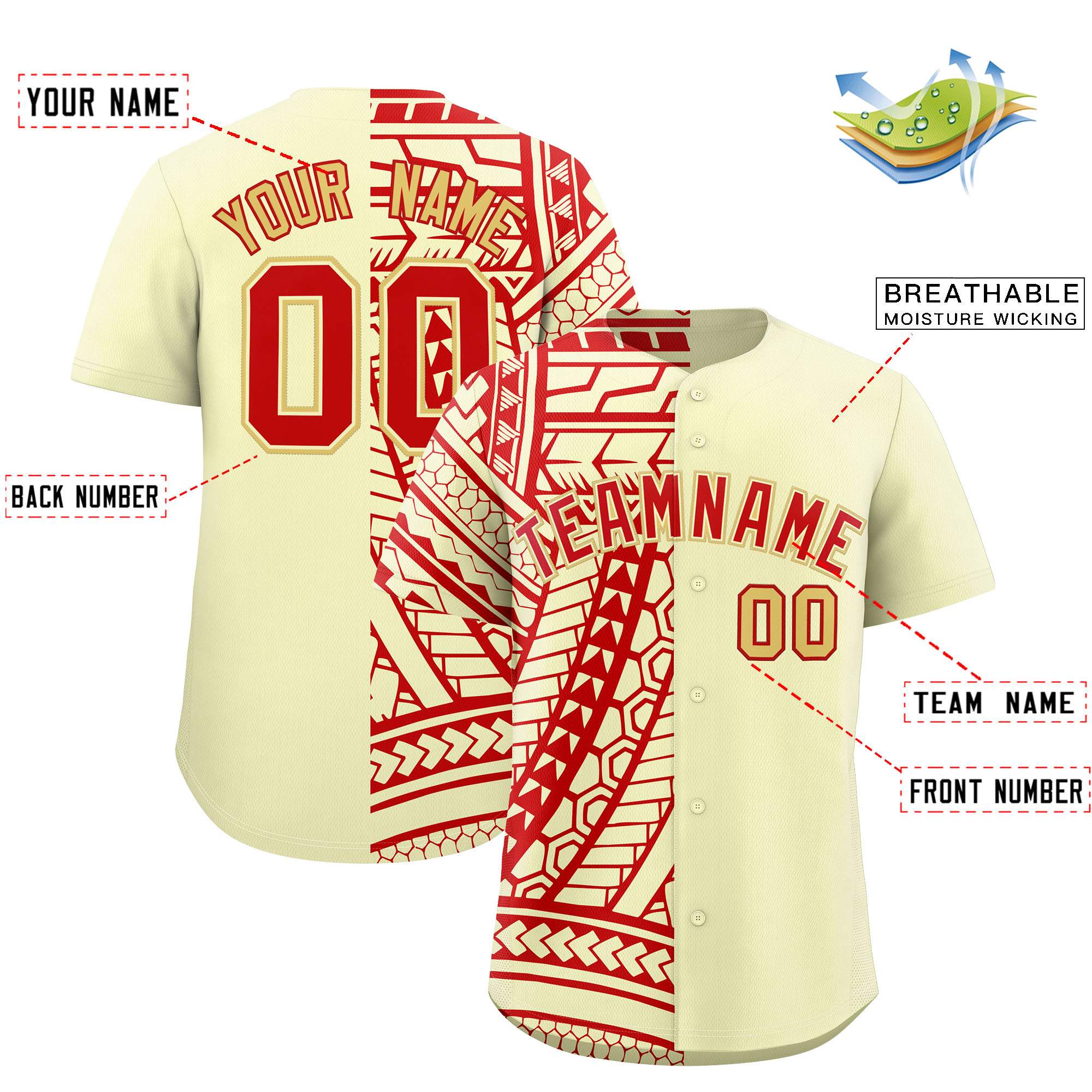 Custom Cream Red Split Fashion Tribal Pattern Authentic Baseball Jersey