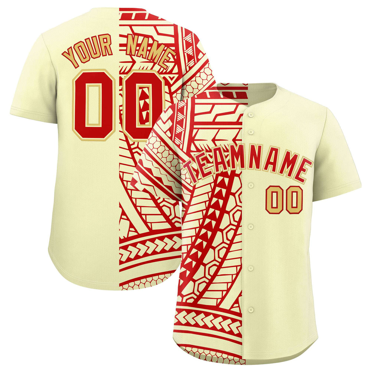 Custom Cream Red Split Fashion Tribal Pattern Authentic Baseball Jersey