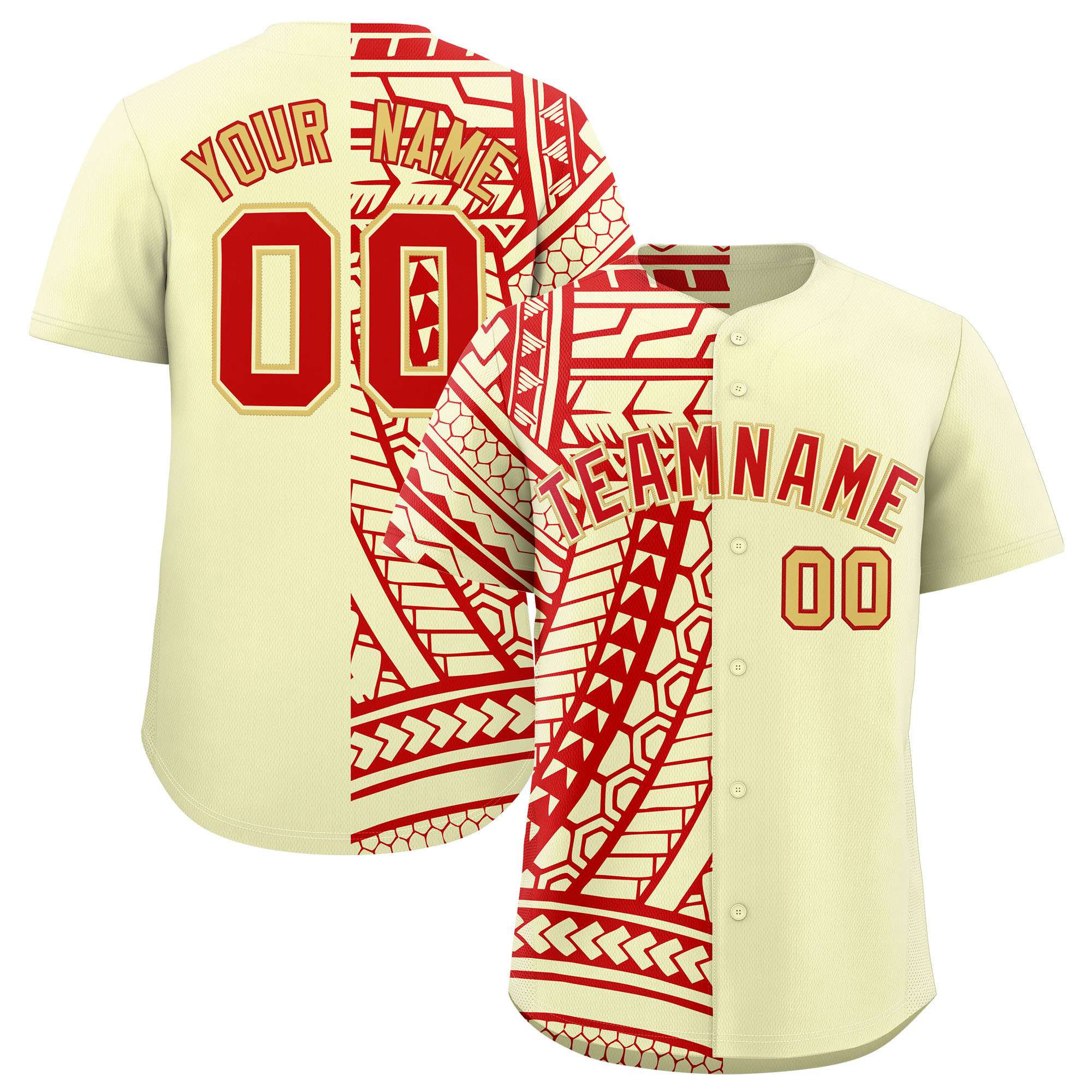 Custom Cream Red Split Fashion Tribal Pattern Authentic Baseball Jersey
