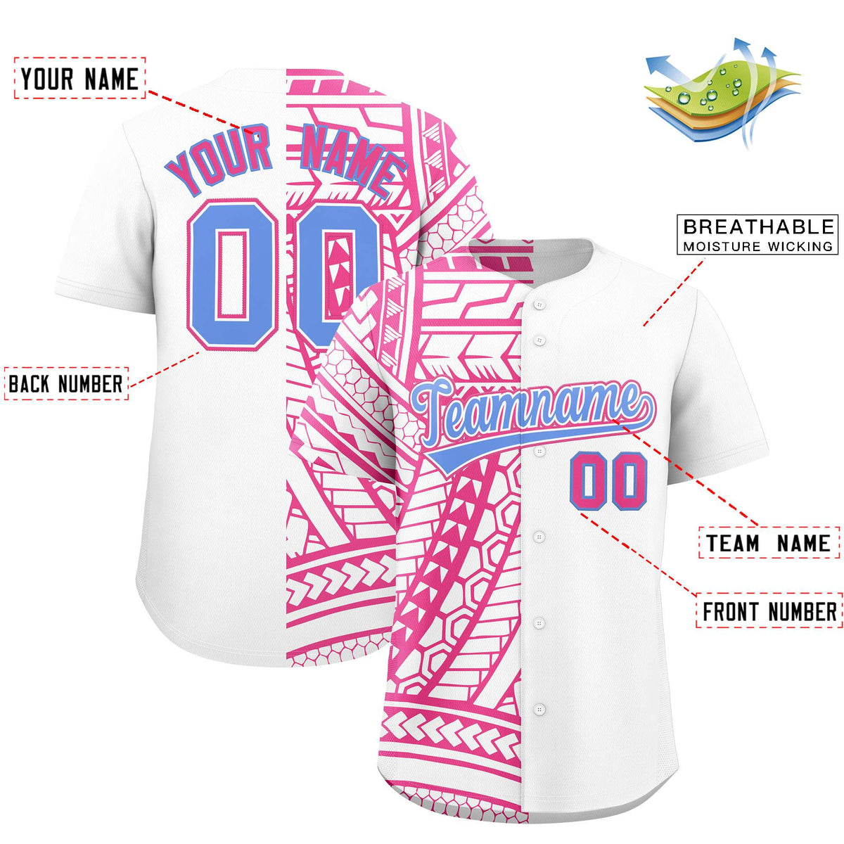 Custom White Pink Split Fashion Tribal Pattern Authentic Baseball Jersey