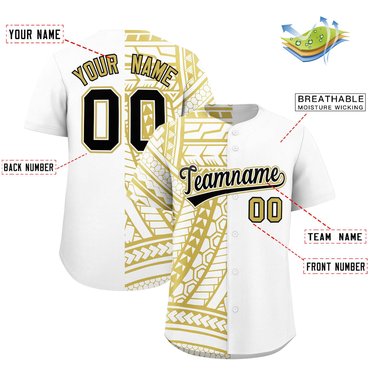 Custom White Old Gold Split Fashion Tribal Pattern Authentic Baseball Jersey