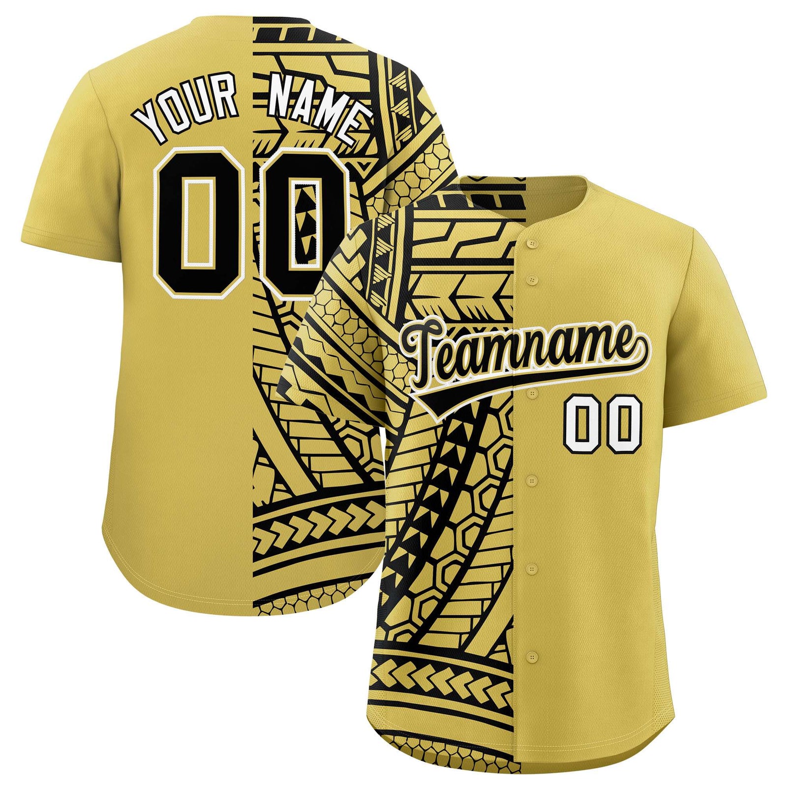 Custom Old Gold Black Split Fashion Tribal Pattern Authentic Baseball Jersey