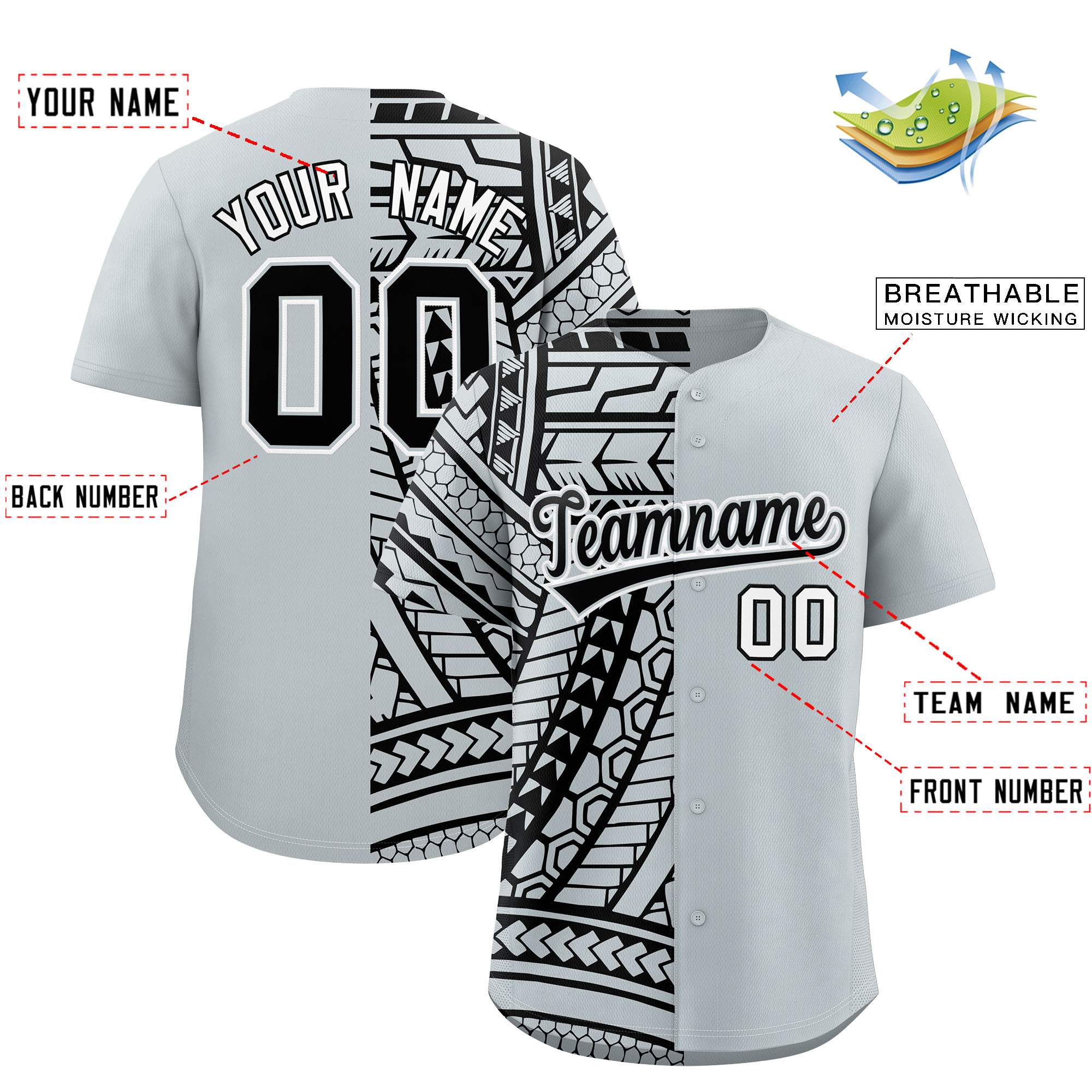 Custom Silver Black Split Fashion Tribal Pattern Authentic Baseball Jersey