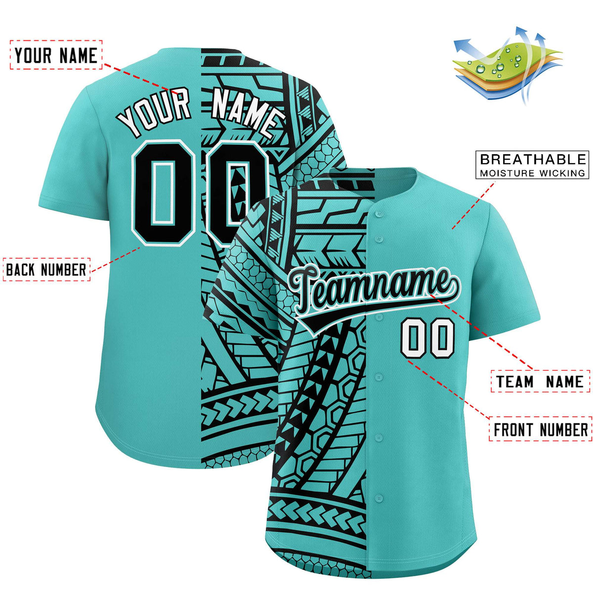 Custom Aqua Black Split Fashion Tribal Pattern Authentic Baseball Jersey