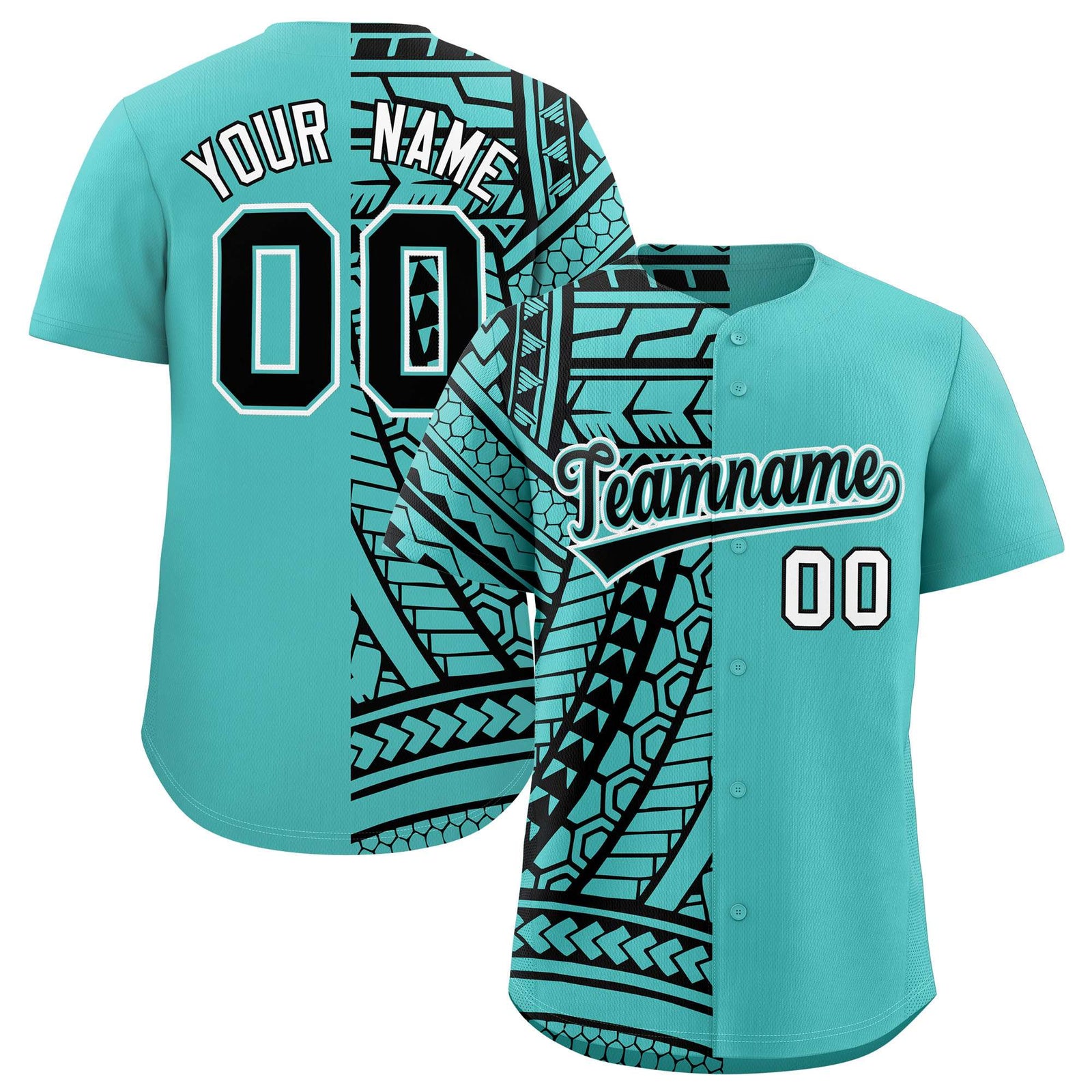 Custom Aqua Black Split Fashion Tribal Pattern Authentic Baseball Jersey