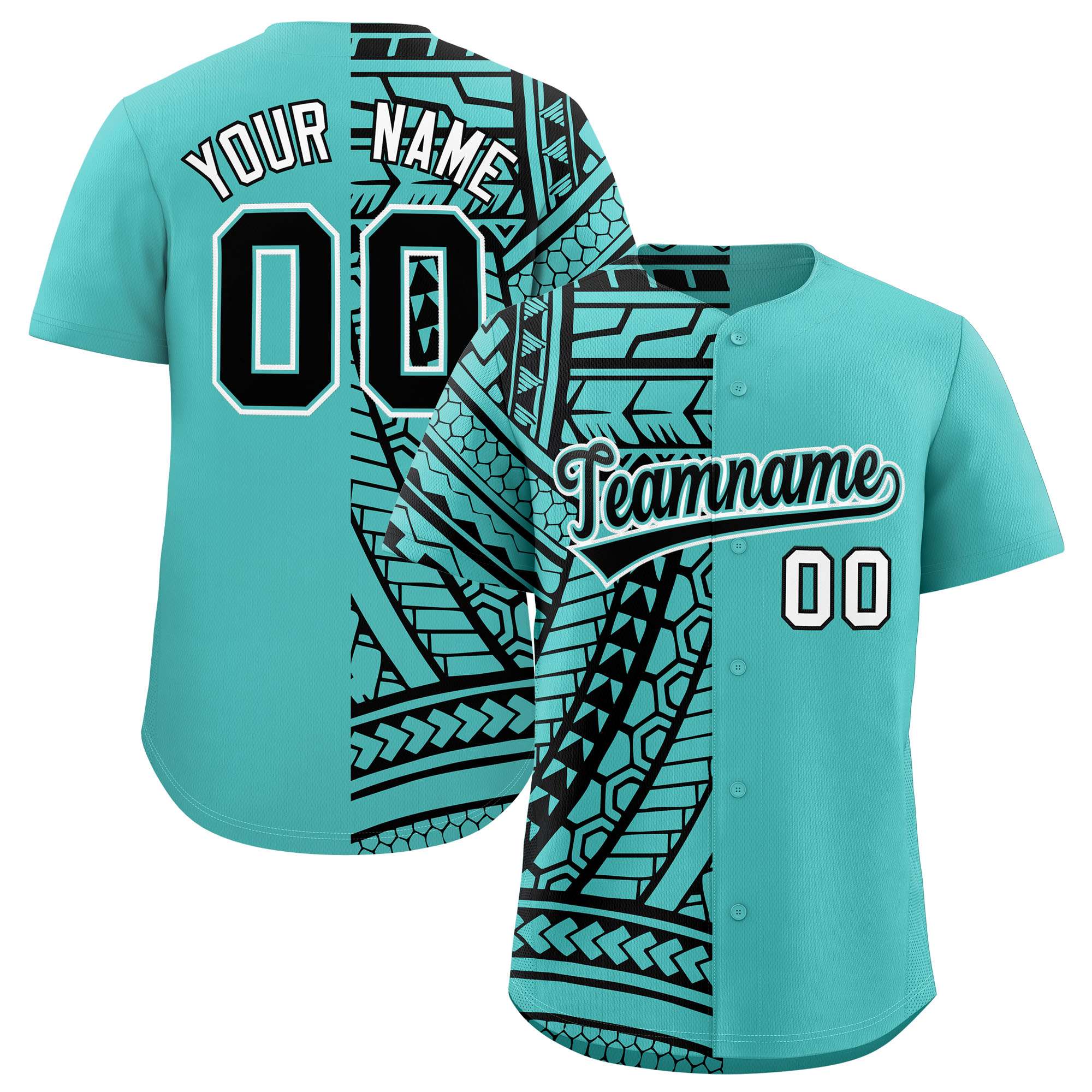 Custom Aqua Black Split Fashion Tribal Pattern Authentic Baseball Jersey